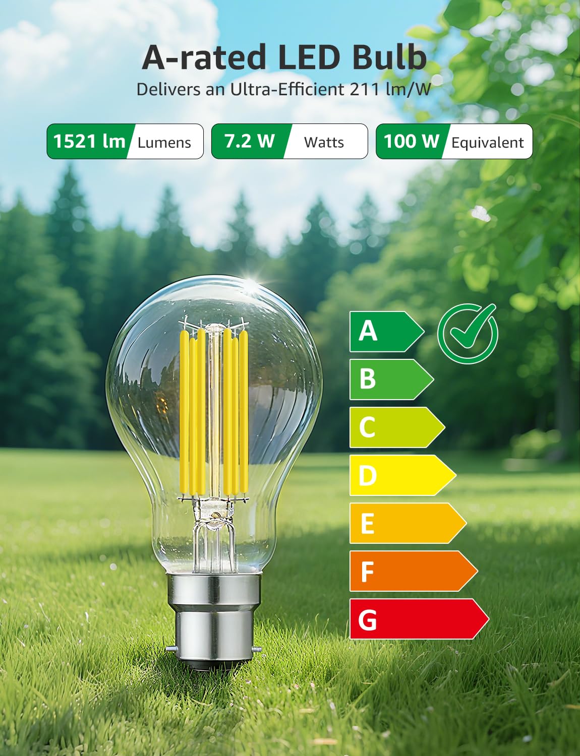 Lepro 1520lm Bayonet Light Bulb A-Rated, 7.2W = 100W, Warm White, Pack of 4