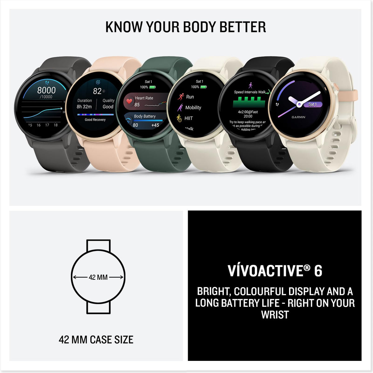 Garmin vívoactive 6, 42mm GPS smartwatch, AMOLED touchscreen, all-day health monitoring, personalised fitness features, advanced sleep coaching, Music, up to 11 days battery life, Bone/Lunar Gold