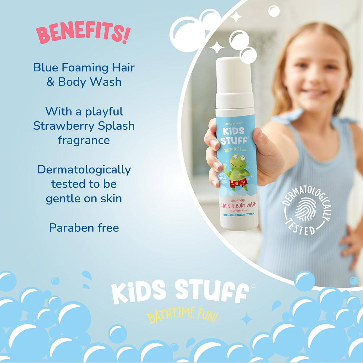 Kids Stuff Blue Wacky Whip Foaming Hair & Body Wash with Strawberry Splash Fragrance | Dermatologically Tested Kids Hair & Body Wash | Gently Cleanses Hair & Skin | Vegan | Cruelty Free | 200ml