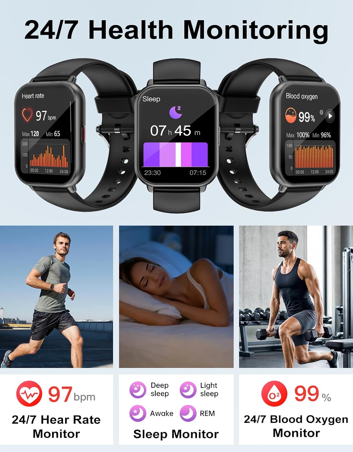 RUIMEN Smart Watch Answer Dial Call,Smart Watches for Women Men 1.85" HD Screen Fitness watch with SpO2 Heart Rate Sleep Monitor Step Counter Waterproof 100+ Sports Mode for Android iOS (2 Bands)