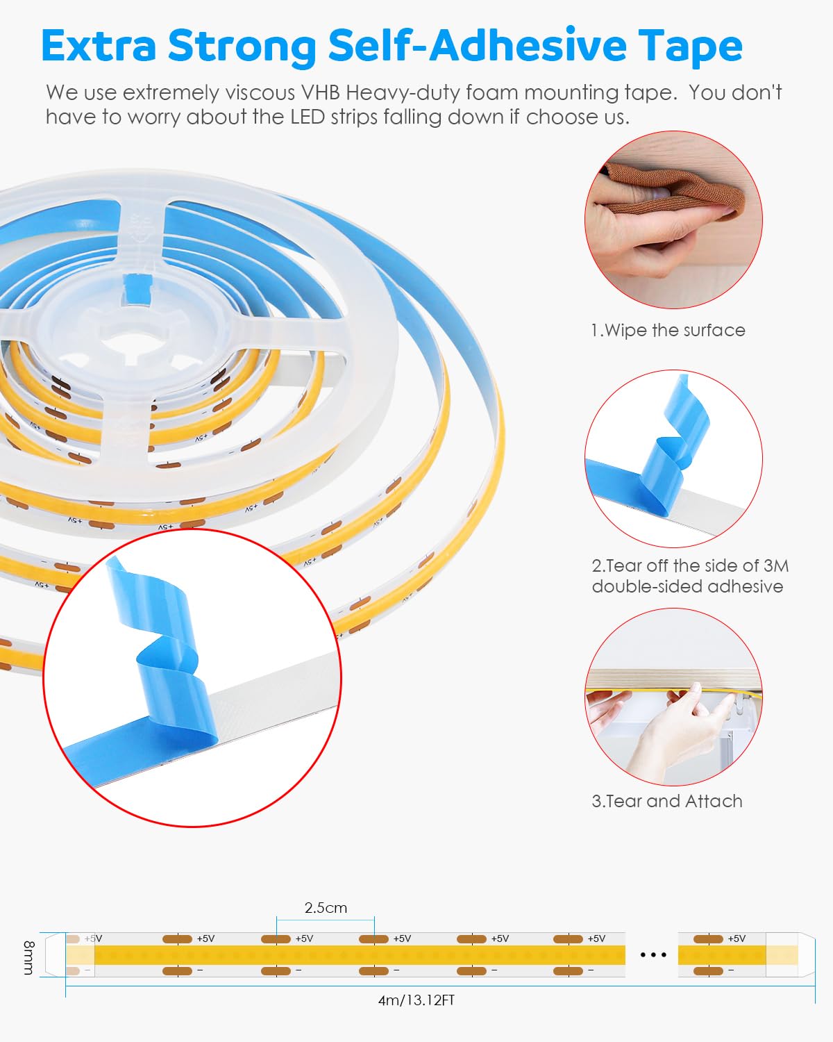 Aclorol 3M COB LED Strip Light Warm White 3000K 5V USB Flexible LED Light Strip 8mm Width Dimmable CRI85+ Dotless Tape Light High Density 320LEDs/M for Bedroom Kitchen Under Cabinet Home Decor