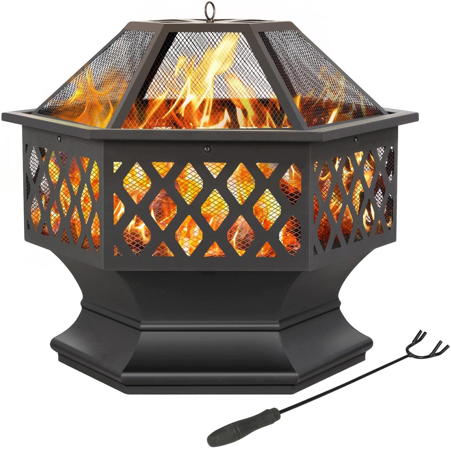 Yaheetech Fire Pit Heavy Duty Fire Bowl Large Fire Pit with Mesh Poker for Outside Patio Heater/Camping Bonfire/Garden/Backyard/Poolside, Hexagon Shaped, Black