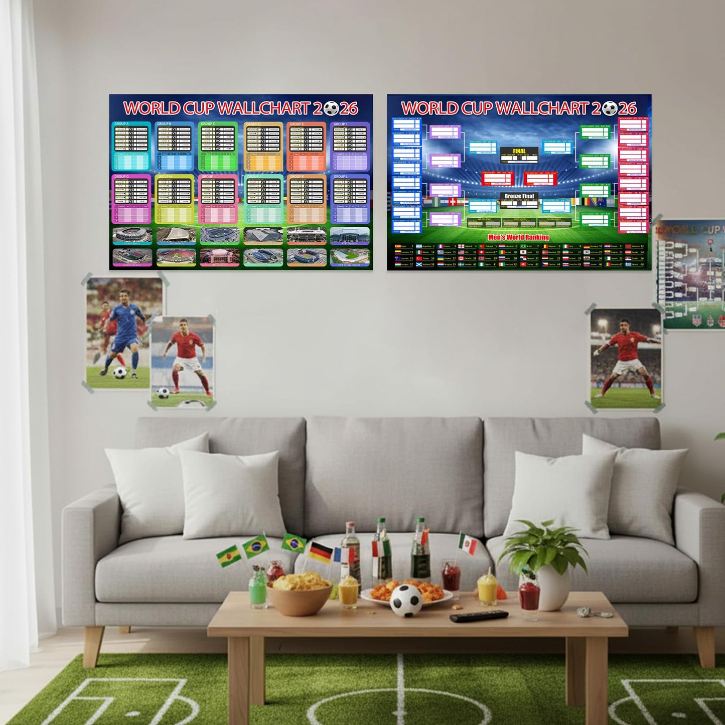 Aurblyn 11 Pcs World Cup Football 2026 Tournament Fixtures Folded Poster Handwritten Watercolour Pen World 8adhesive Backing 87x58cm For Bedroom For Men and Women Gifts for Fans (Background -4)