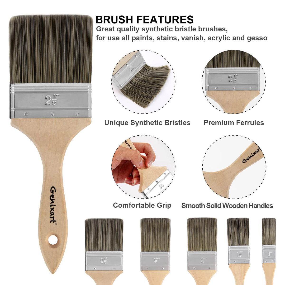 Genixart Double Thick Chip Paint Brush Set, Wood Fence Stain Brush, 3 Inch