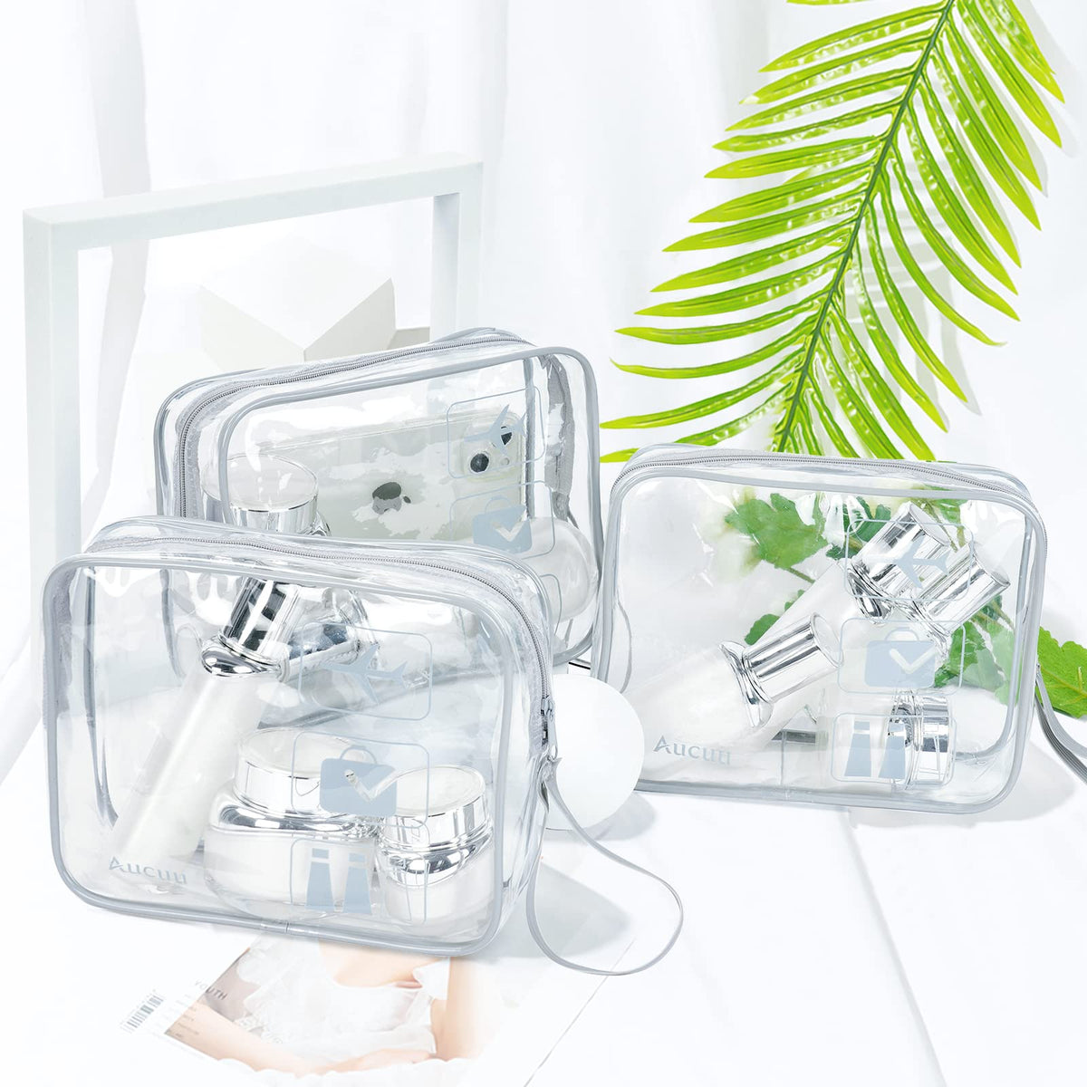 Aucuu Clear Toiletries Bag, 3 Pack PVC Waterproof Toiletries Carry Pouch, TSA Approved Travel Toiletry Bag with Zipper, Multi-Size Cosmetic Makeup Bags for Men, Women and Kids - Travel Business