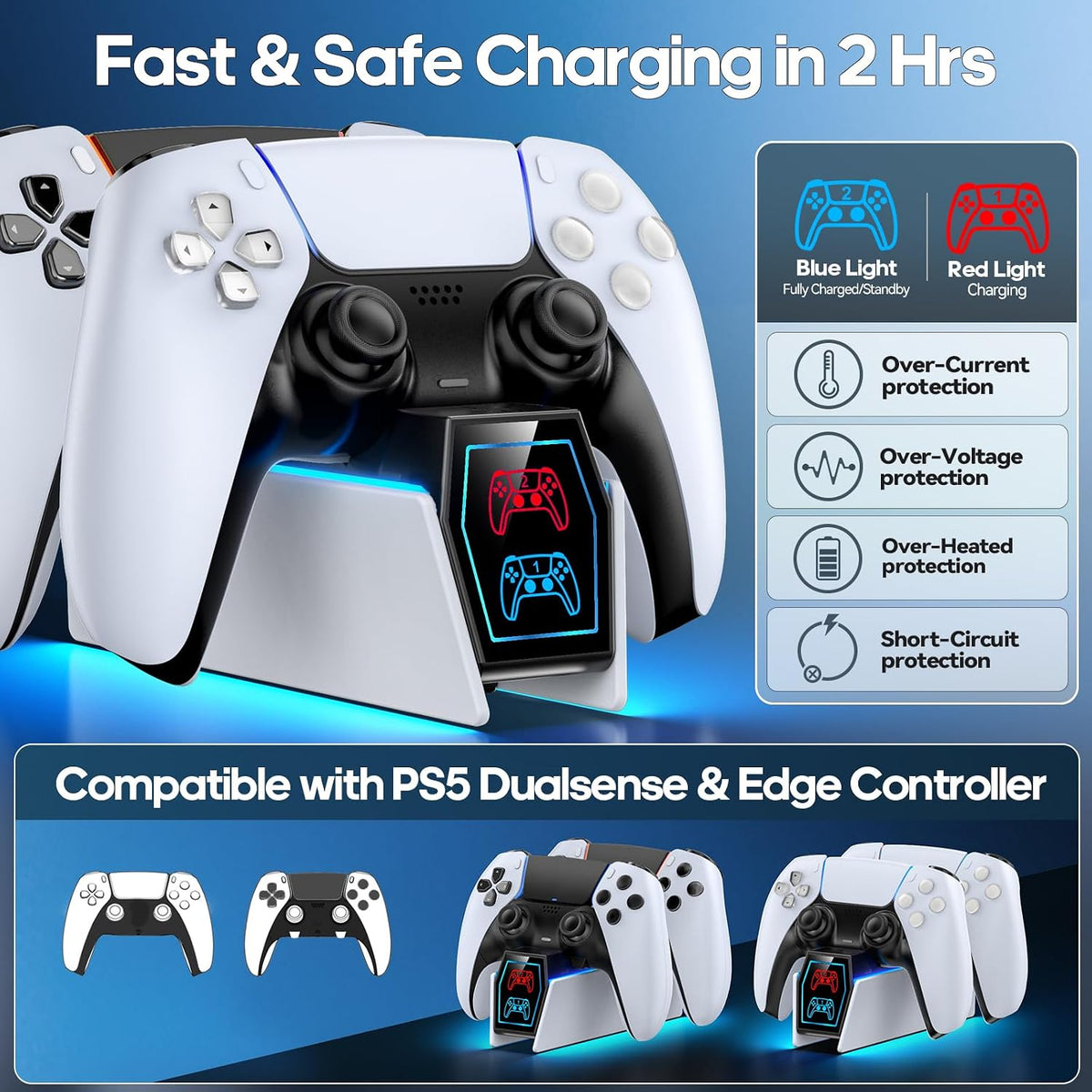 Tokluck Controller Charger Station Compatible with PS5 DualSense & Edge, RGB Charging Stand for PS5 Dual Controller Gaming, Games Charging Dock with LED Lights & Cable for PlayStation 5 Accessories