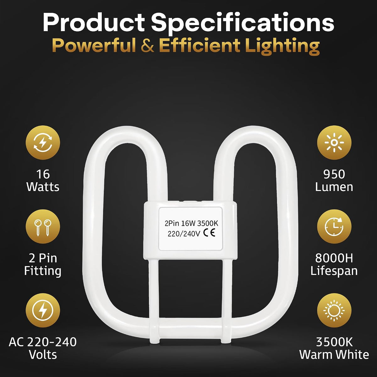 Quebec 16W 2D Square 2-Pin GR8 Cap Compact Fluorescent Lamp, Warm White 3500K, Non-Dimmable CFL Light Bulb, Energy Class A, AC 230V, DD Flat Butterfly Bulb for Flush Mount Ceiling Lighting, 8000 Hours