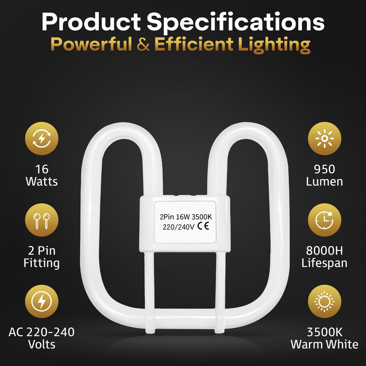 Quebec 16W 2D Square 2-Pin GR8 Cap Compact Fluorescent Lamp, Warm White 3500K, Non-Dimmable CFL Light Bulb, Energy Class A, AC 230V, DD Flat Butterfly Bulb for Flush Mount Ceiling Lighting, 8000 Hours