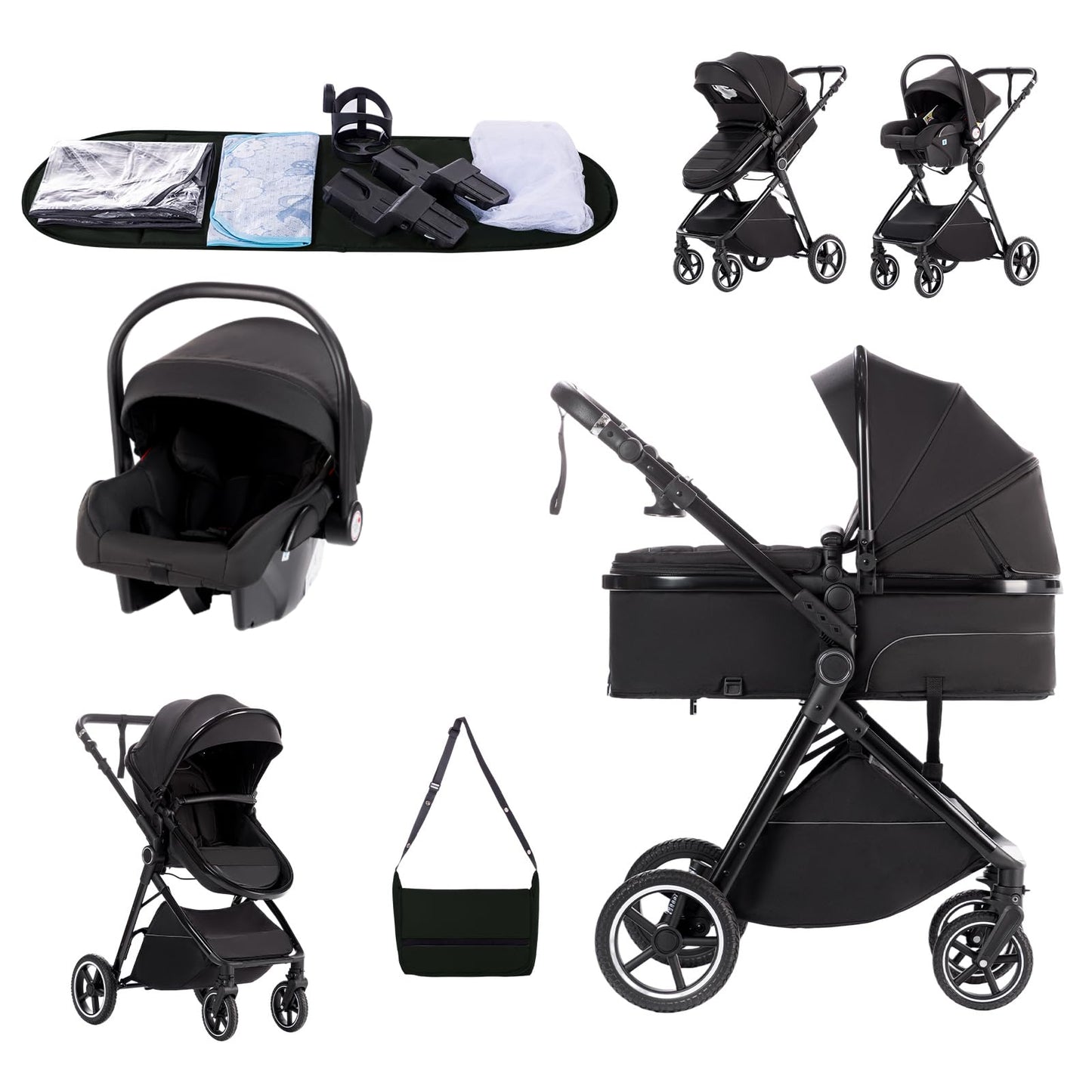 Zkipm Baby Pram 3 in 1, Foldable Baby Stroller,Pram Set Travel with Adjustable-Height Push Handle, Present Rain Cover, Mosquito Net, Bag, Cooling Mat, ect for Ages 0–3