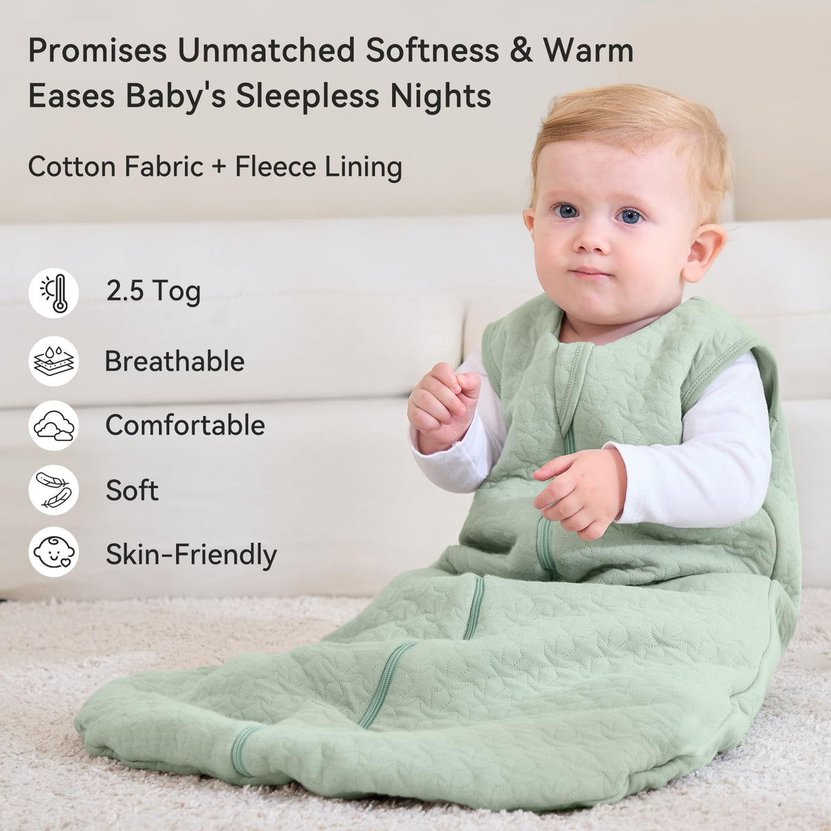 Unnivoll Baby Sleeping Bag 2.5 Tog 0-6 Months 100% Cotton Winter Sleeping Bag Baby 2-Way Zipper Quilted Sleep Sack for Newbron Infant Warm Soft Apricot