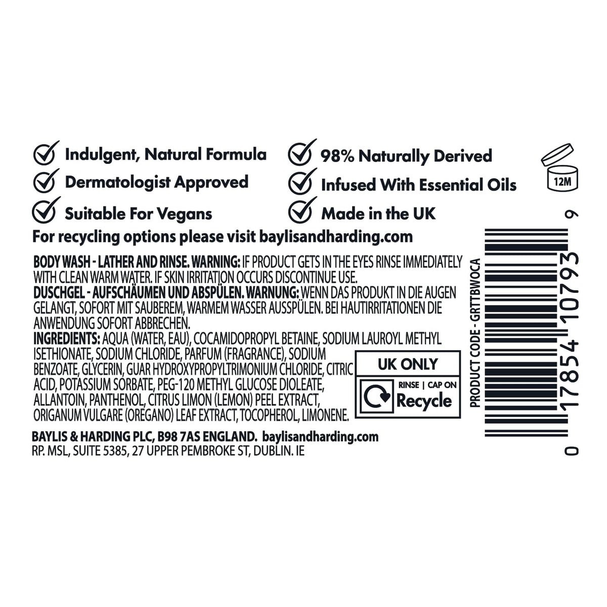 Baylis & Harding Goodness Natural Body Wash 500ml 3 pack