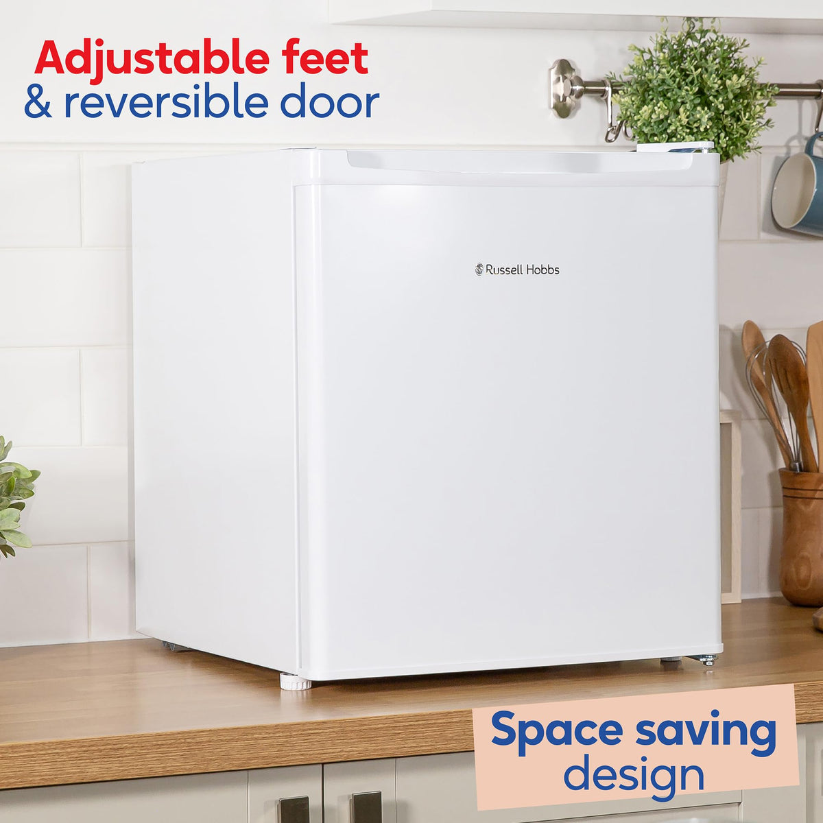 Russell Hobbs Table Top Larder Mini Fridge 66L Capacity, Reversible Door & Adjustable Feet, 0 to 8 Degrees Manual Temperature Control, Silver RH67TTLF0E1SS