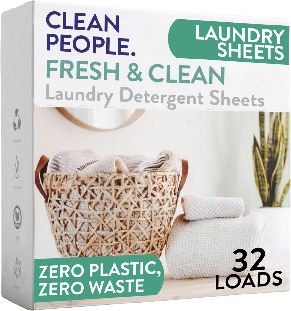 Clean People Laundry Detergent Sheets - Recyclable Packaging, Hypoallergenic, Stain Fighting - Ultra Concentrated, Laundry Soap - Fresh Scent, 32 Pack