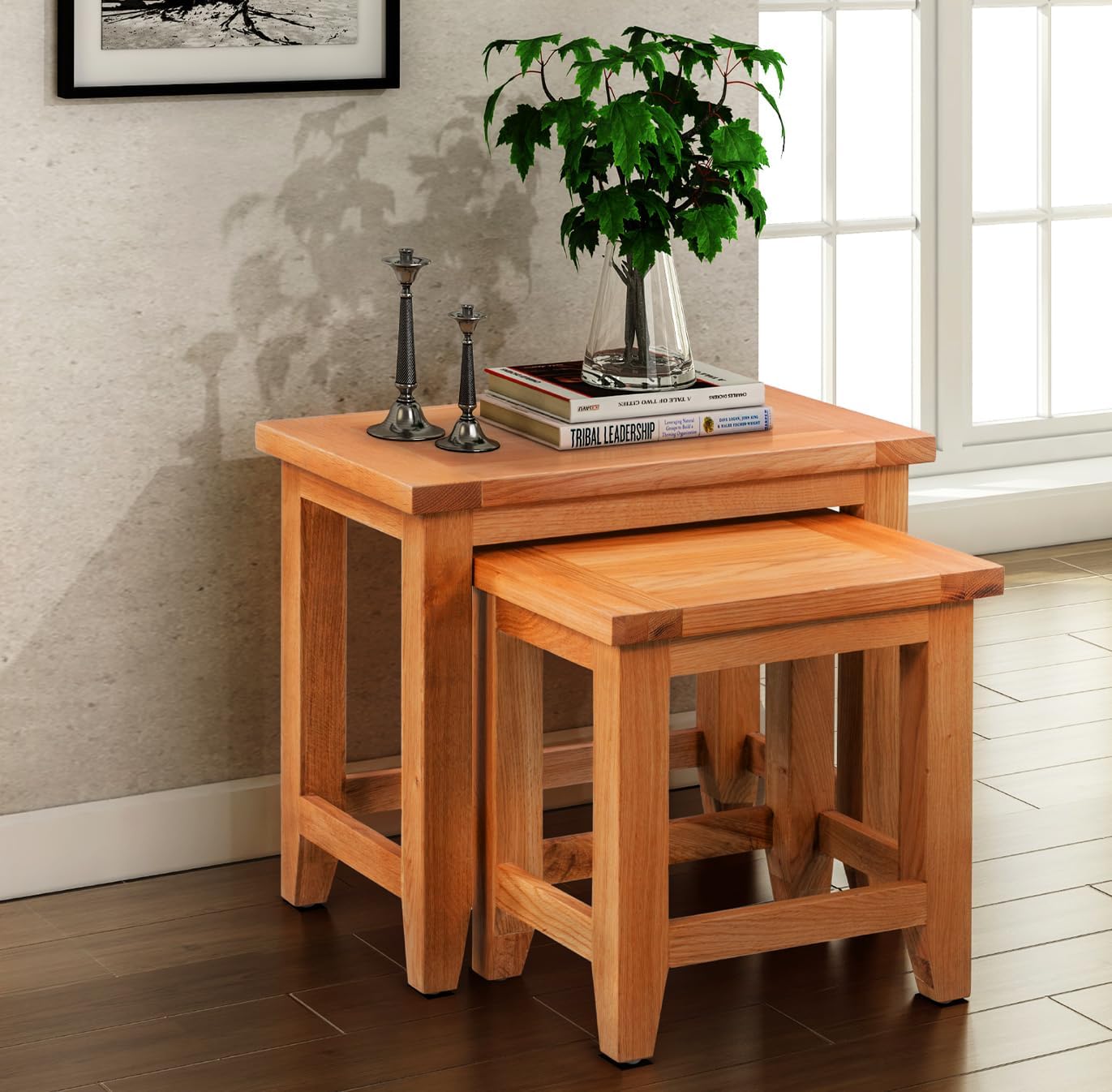 Hallowood Furniture Cotswold Nest of Tables Set of 2, Multifunctional Solid Oak Wooden Nesting Side, Coffee Table for Living Room, Bedroom or Small Spaces, Fully Assembled