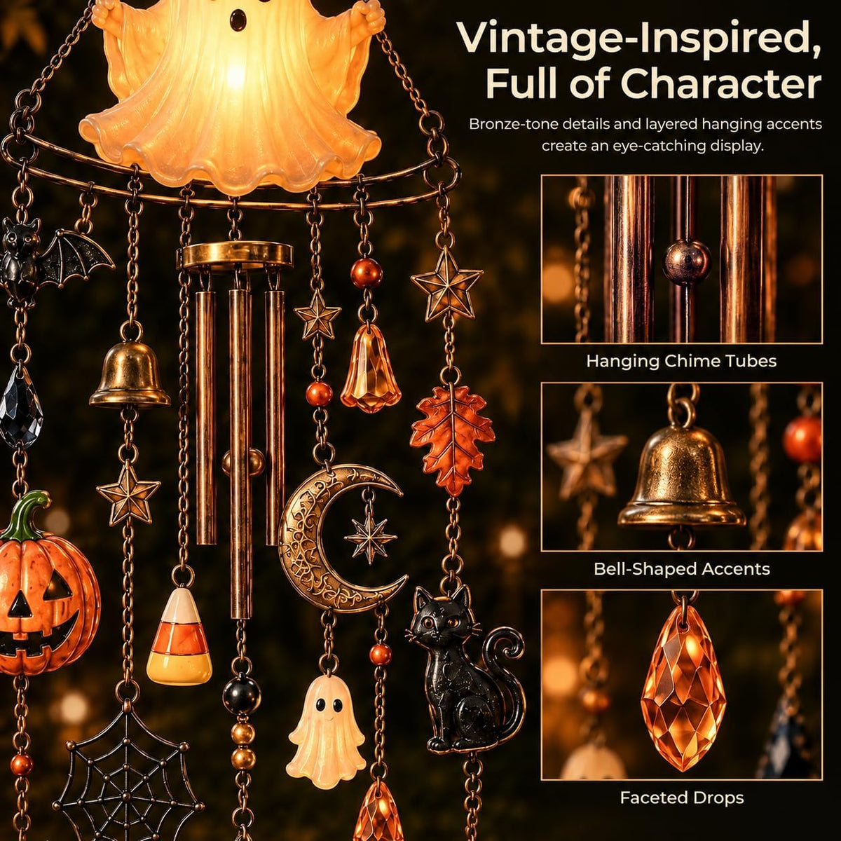 Halloween Ghost Wind Chime, Light Up Hanging Decoration with Pumpkin, Black Cat, Bat and Moon Charms, Warm Glow Halloween Decor for Window and Entryway