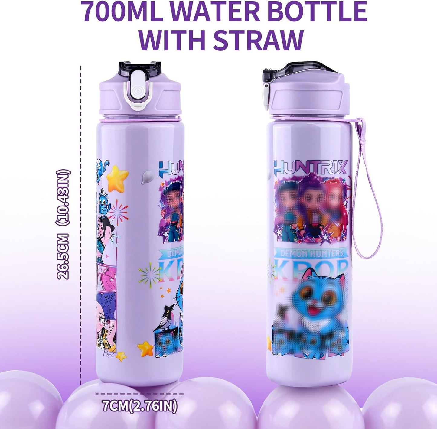 750ML/25OZ Water Bottle with Straw,K-popS Double-Sided Cartoon Pattern Girls Boys Water Bottle,Leakproof Kids Water Bottles With Handle,Drinks Bottle for School,Camping,Travel,Party