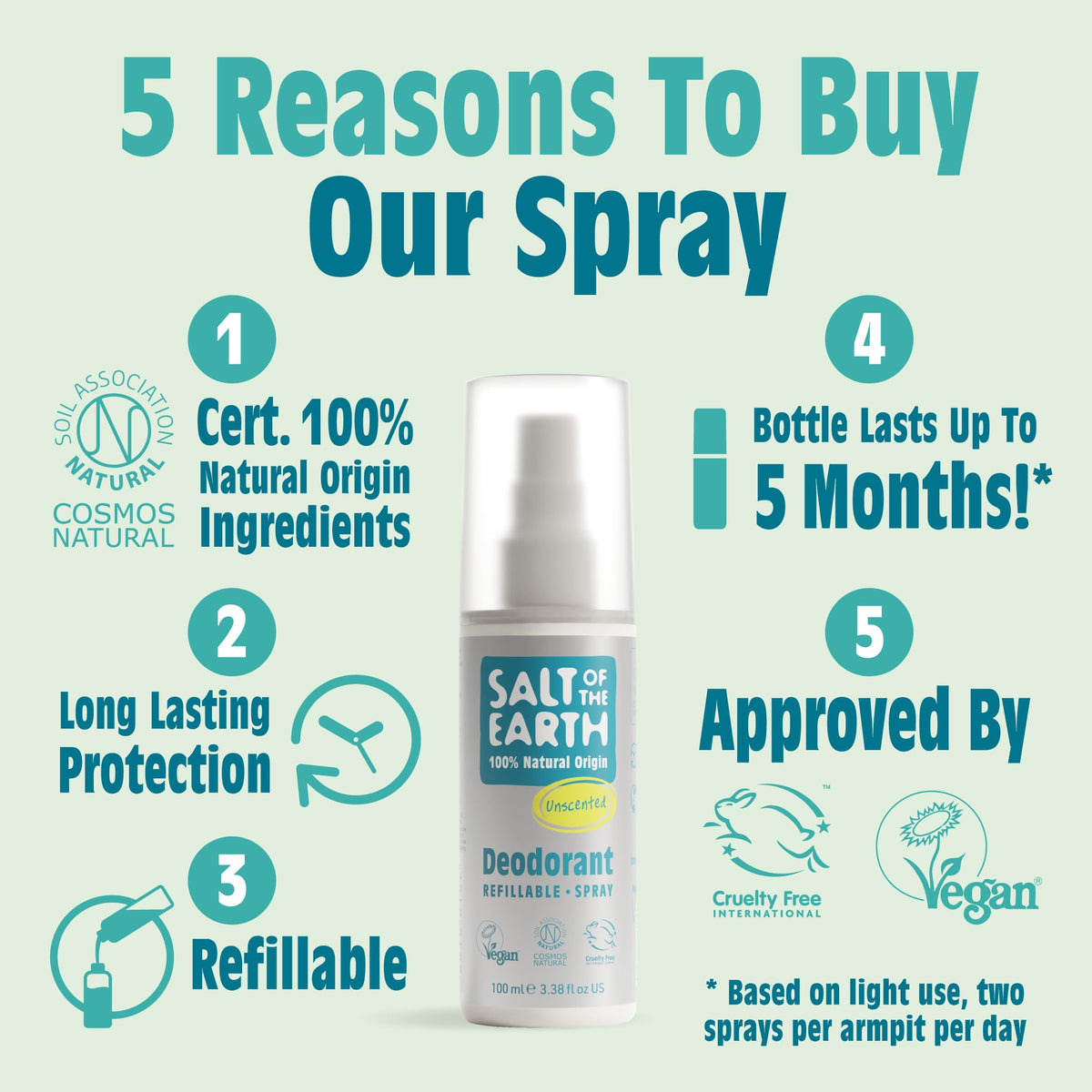 Salt of the Earth – Refillable Natural Deodorant Spray (3 Pack) – 100% Natural Origin Ingredients - Vegan, Long Lasting Protection – Suitable For Women, Men & Kids - 300ml (Unscented)