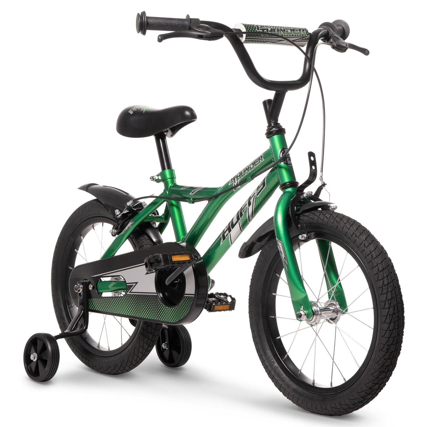 Huffy Pro Thunder Kids Bike 16" with Stabilisers, Bell & Handlebar Pad — Green