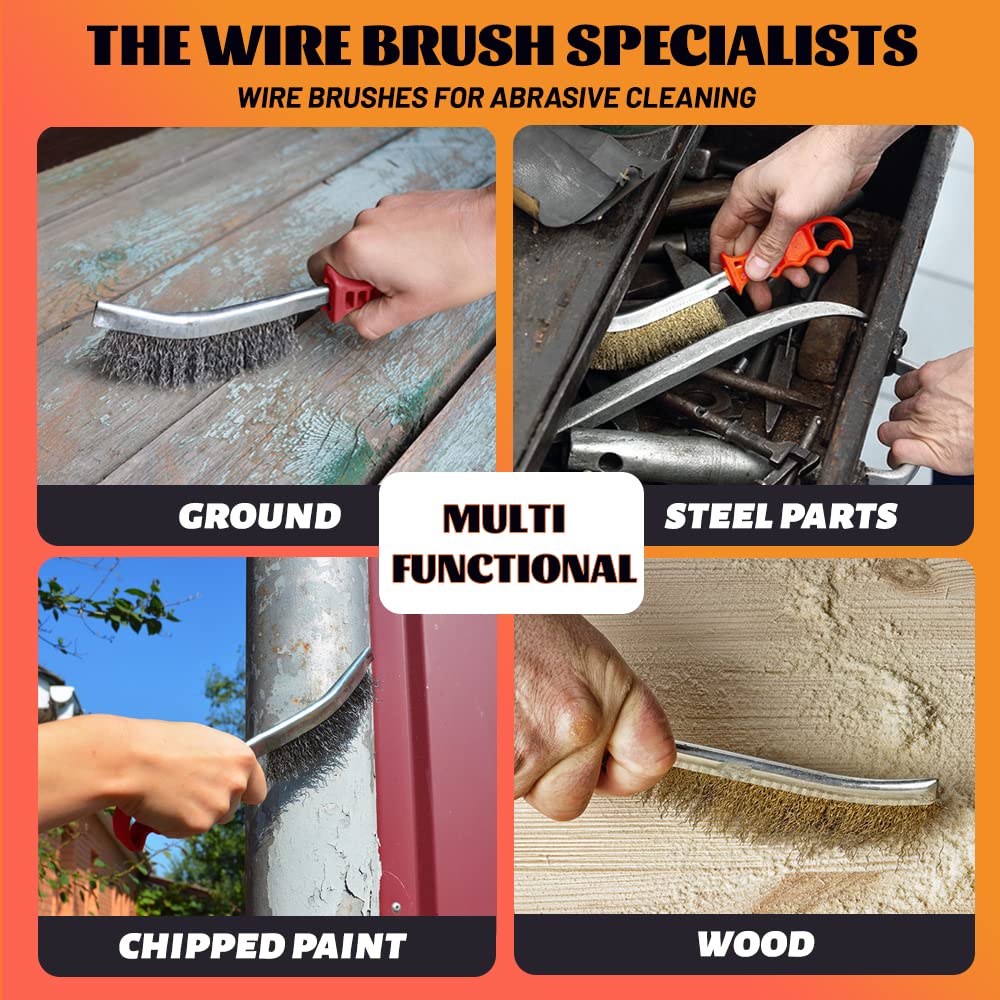 Hand Wire Brush Set 4 Pcs with Stainless Steel Brush and Brass Brush,Wire Brush for Cleaning Rust, Paint and Welding Slag (2 Big,2 Small)