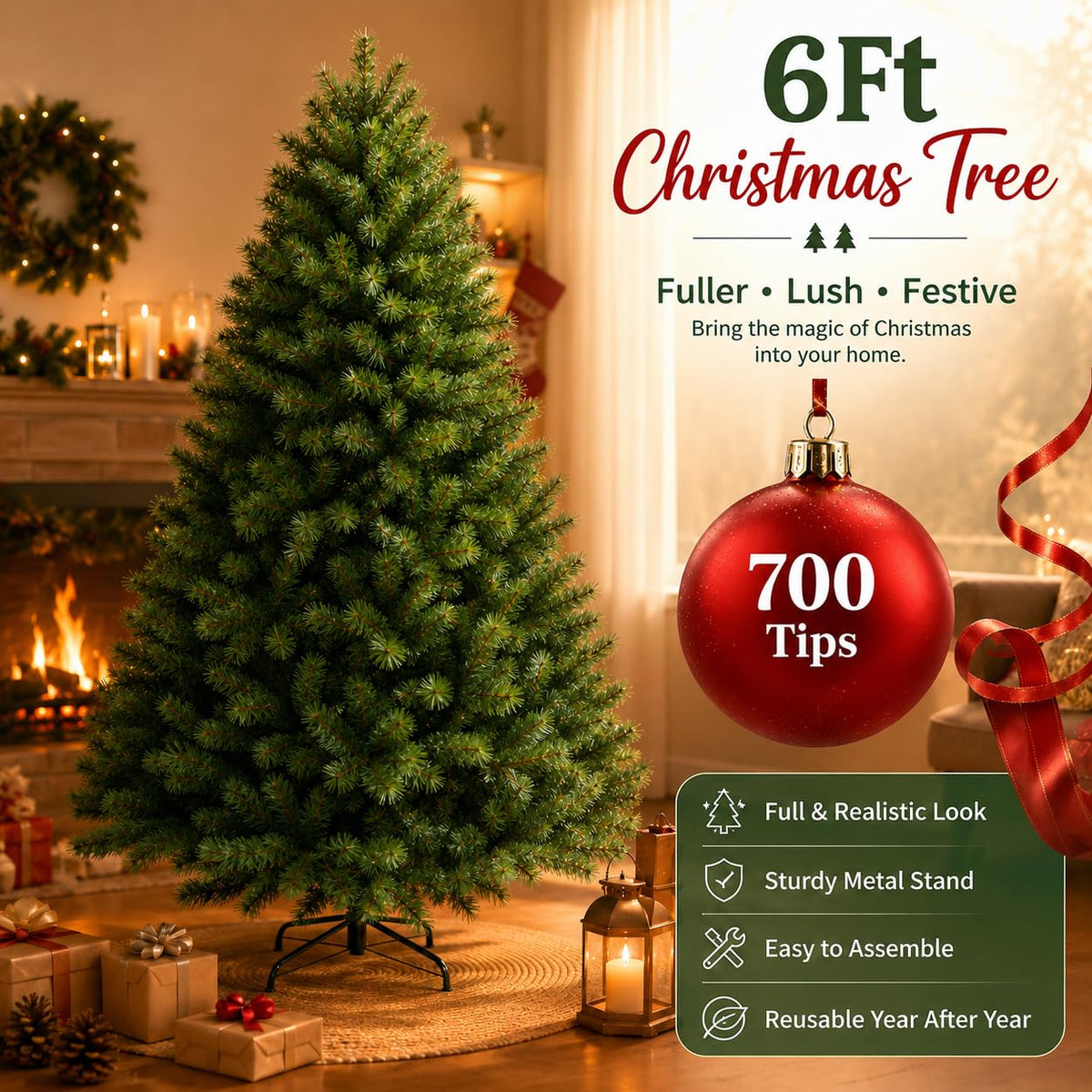 6ft (1.83M) Artificial Christmas Tree, Realistic Green with Metal Stand