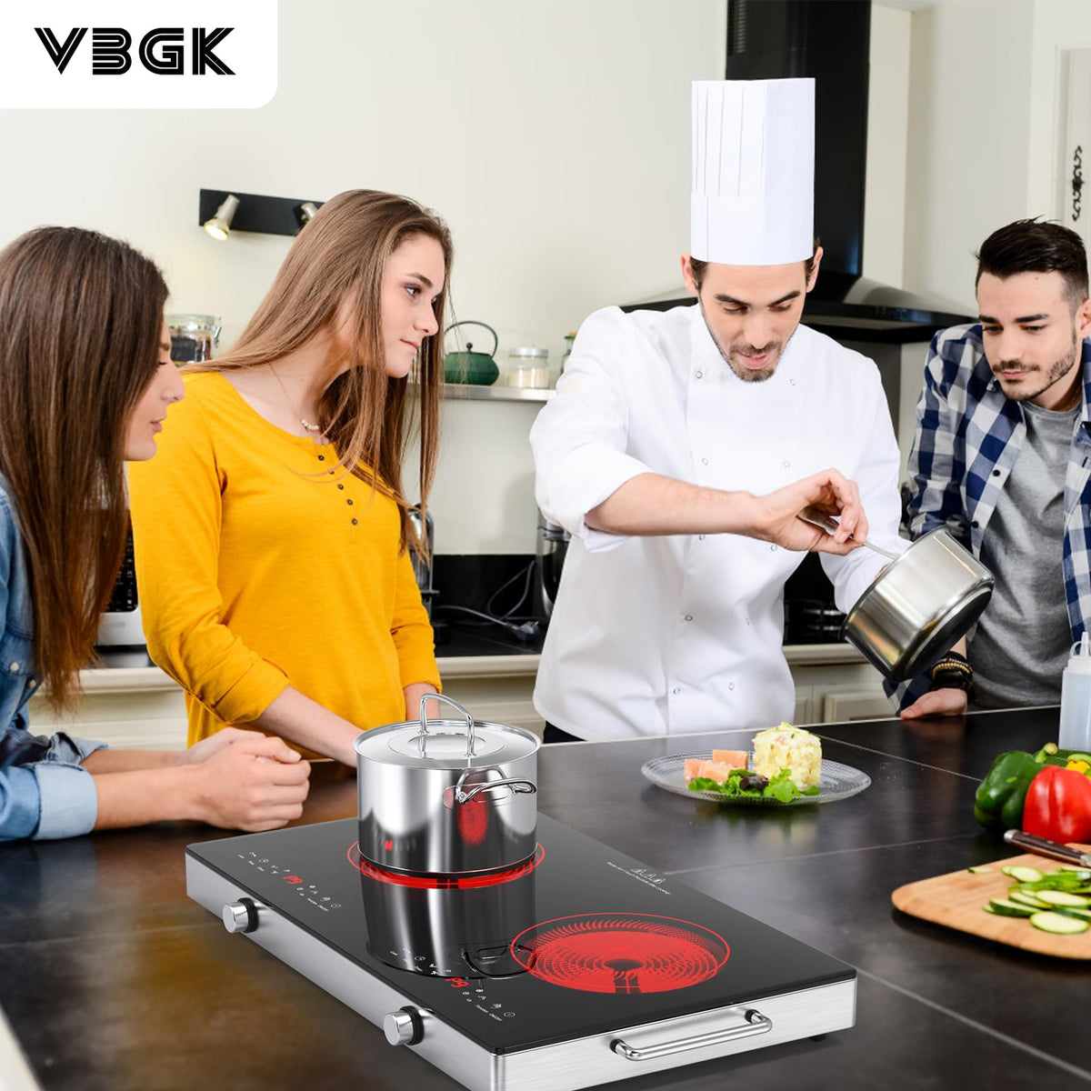 VBGK 2 Ring Electric Hob with Knob, 220V 3000W Double Ceramic Hob, 9 Power Levels, Kids Lock & Timer, Hot Surface Indicator, Overheat Protection, Knob and Touch Control Double Electric Hob