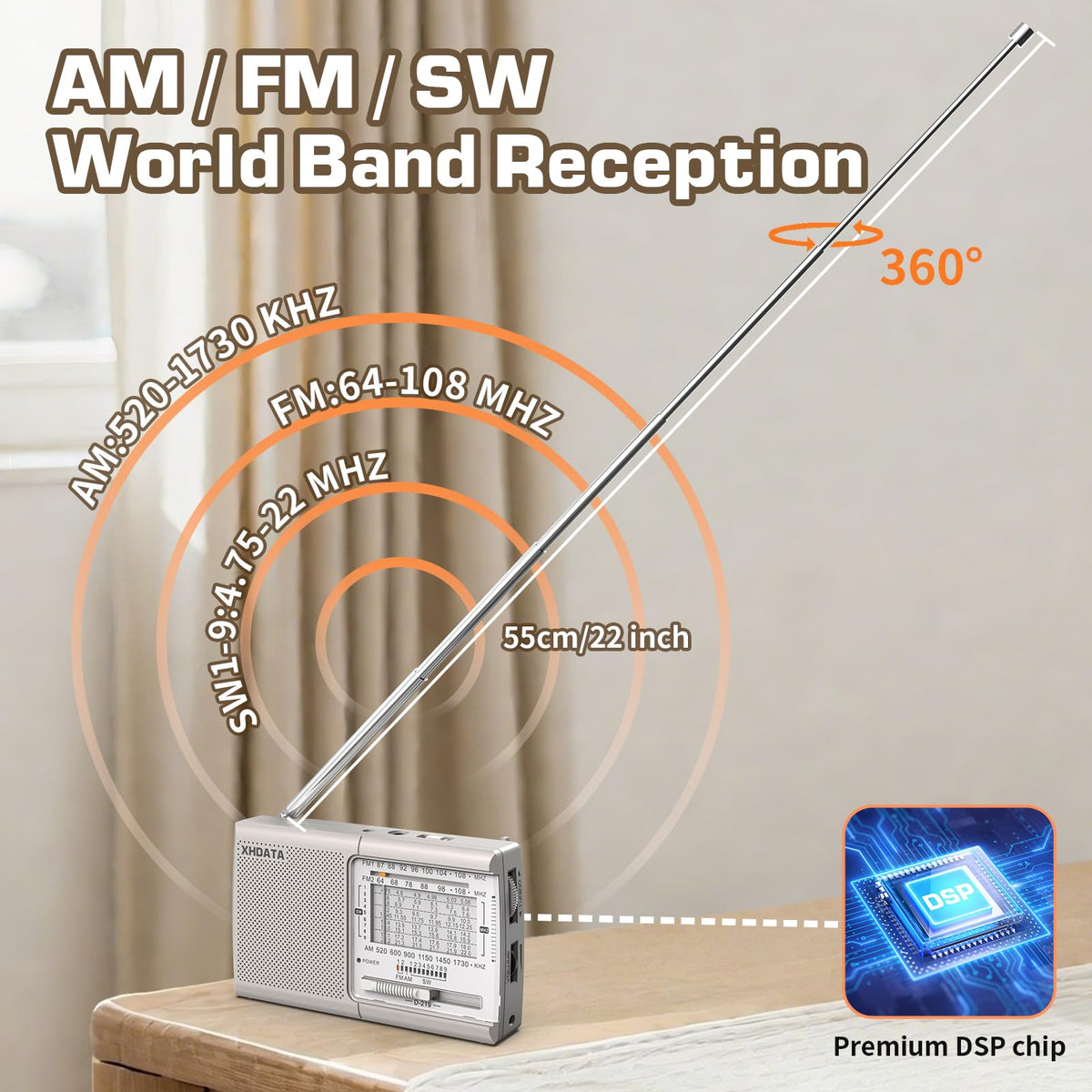 XHDATA D219 Portable Radio Retro FM AM SW Radio Battery Operated for Household Outdoor Camping Hiking Pocket Radio Grey