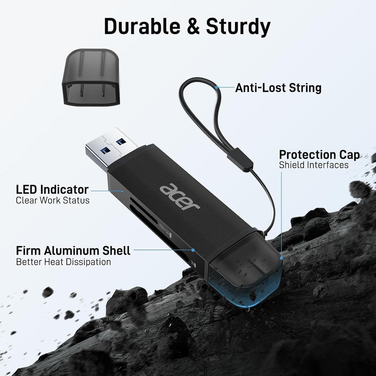 Acer SD Card Reader, USB C & USB 3.0 Memory Card Reader Adapter, Black