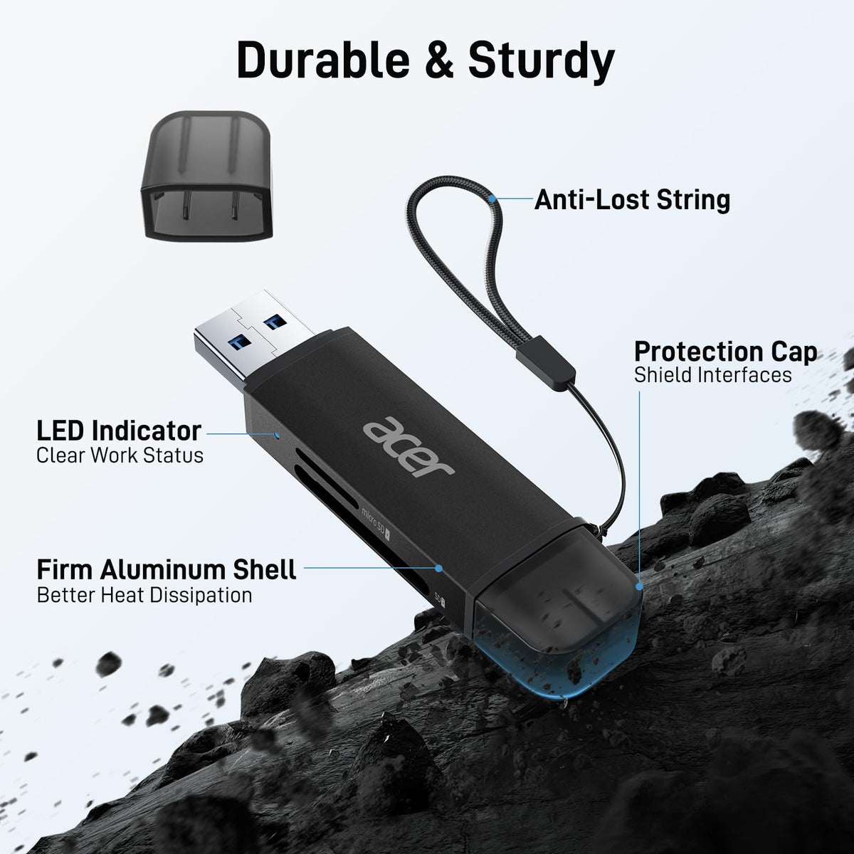 Acer SD Card Reader, USB C & USB 3.0 Memory Card Reader Adapter, Black