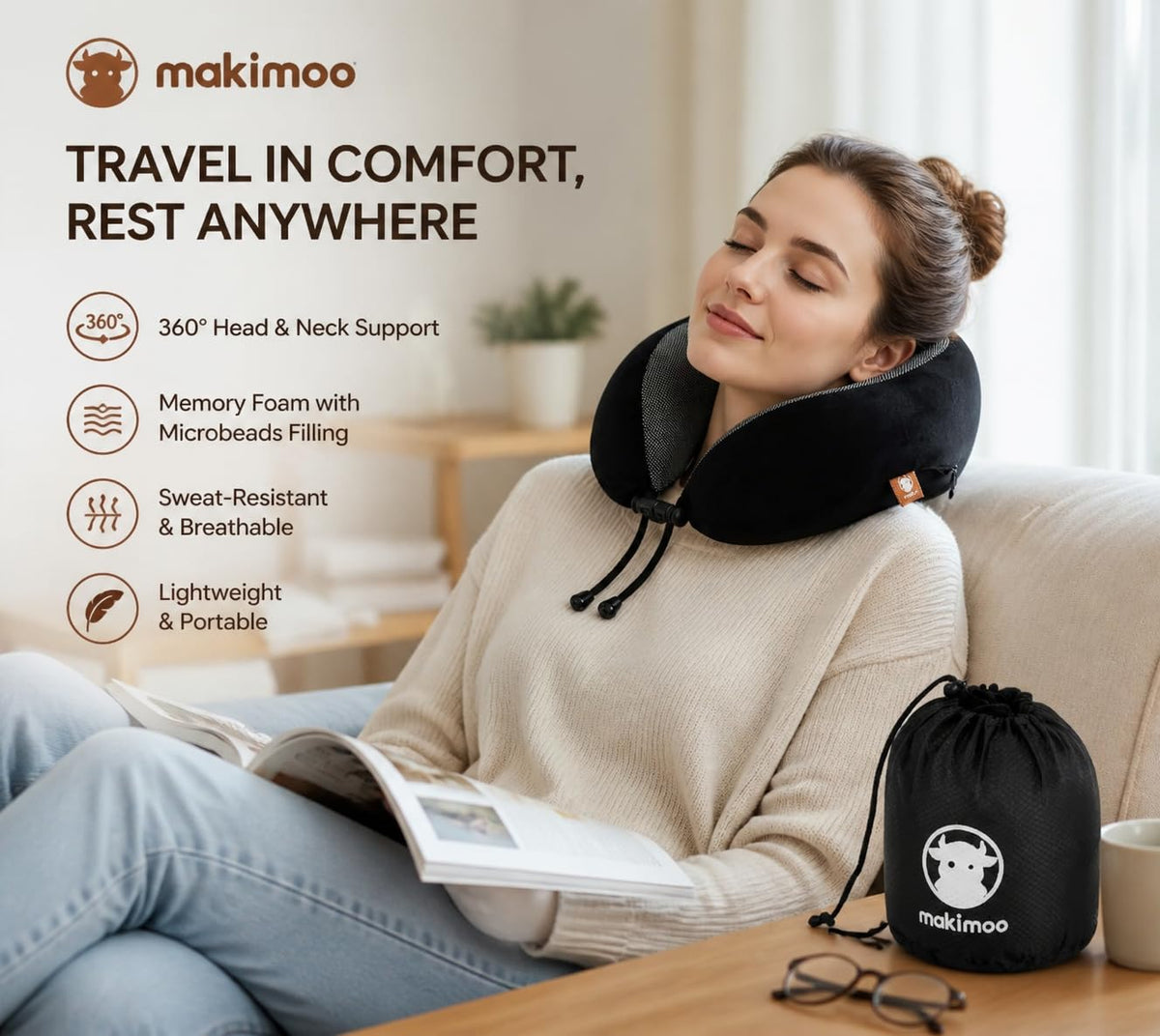 Memory Foam Travel Pillow, Neck Pillow with 360-Degree Head Support, Comfortable and Lightweight, Ideal for Sleeping on Airplane, Car, Train, Bus and Home Use, Comes with Storage Bag (Grey)