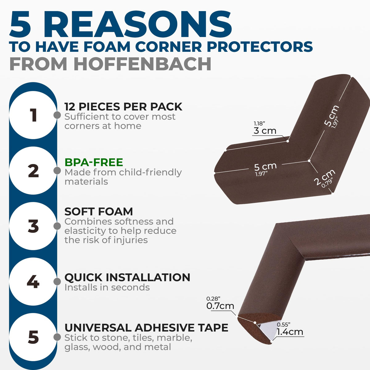 Hoffenbach 12x Baby Corner Protectors – Soft Foam Edge Guard for Kids – Self-Adhesive Bumpers for Child Safety, Furniture, Desks, Tables – Safe & Durable – Black