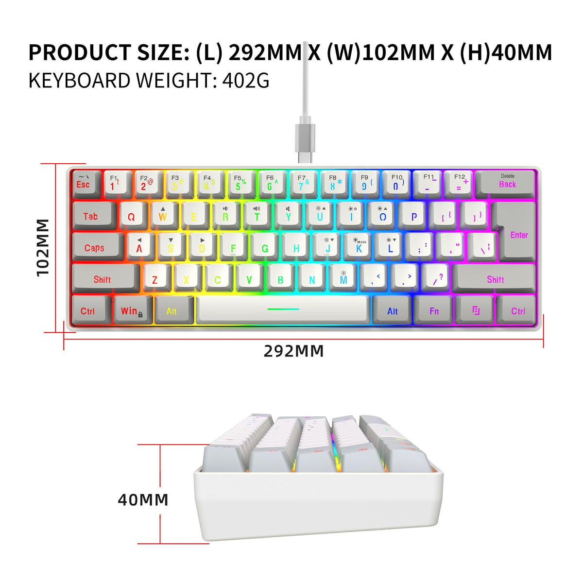 Snpurdiri Wired Mechanical Gaming Keyboard, 60% Size, LED Backlight, 61 Keys, Small Wired Office Keyboard for Windows Laptop/PC, Mac (Black-Red, Blue Switches)