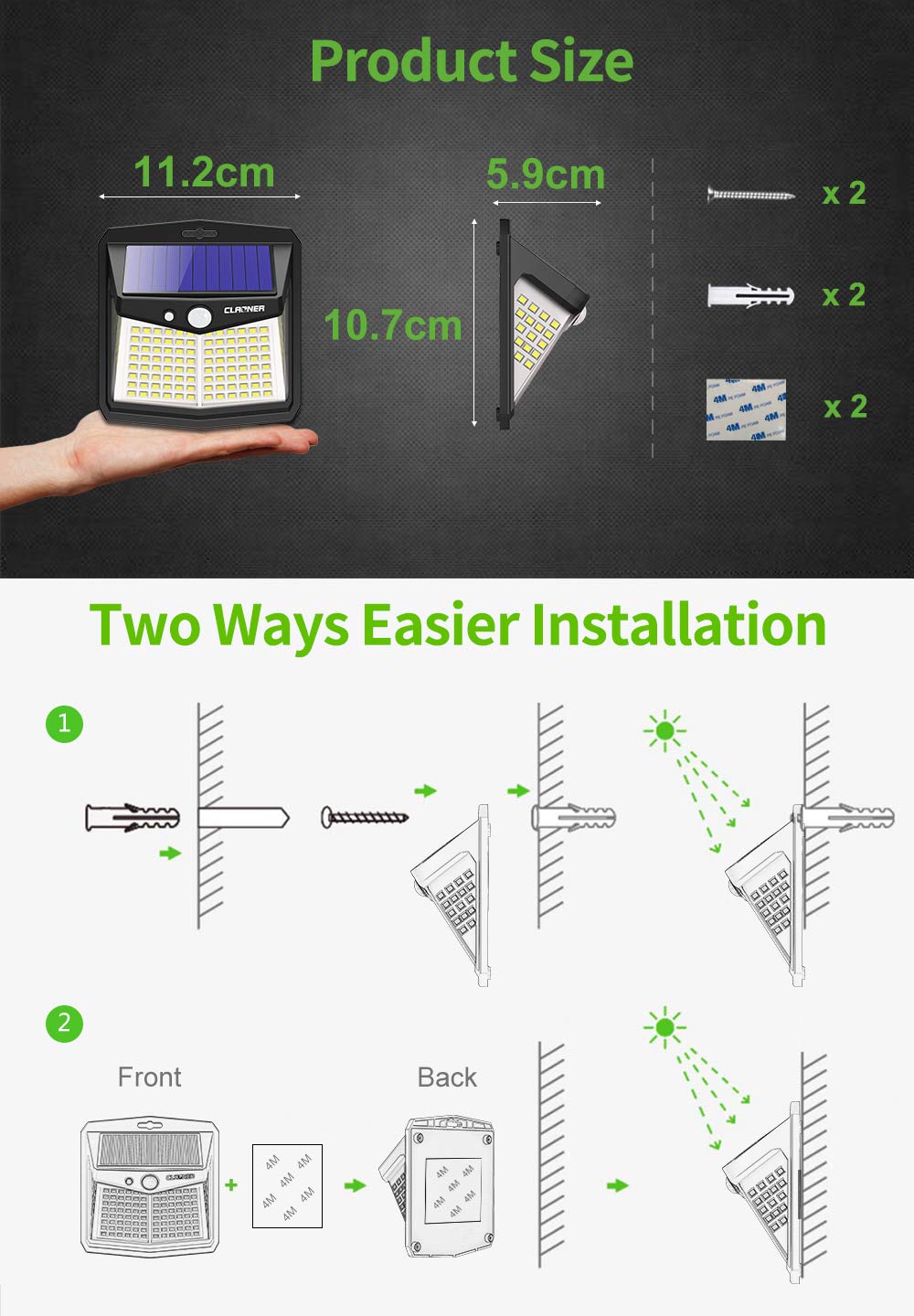 CLAONER Solar Powered Lights Outdoor, Upgraded Wireless 270° IP65 Solar Motion Sensor Security/Wall Light for Front Door, Yard, Garage, Garden, Warm White (4 Pack)