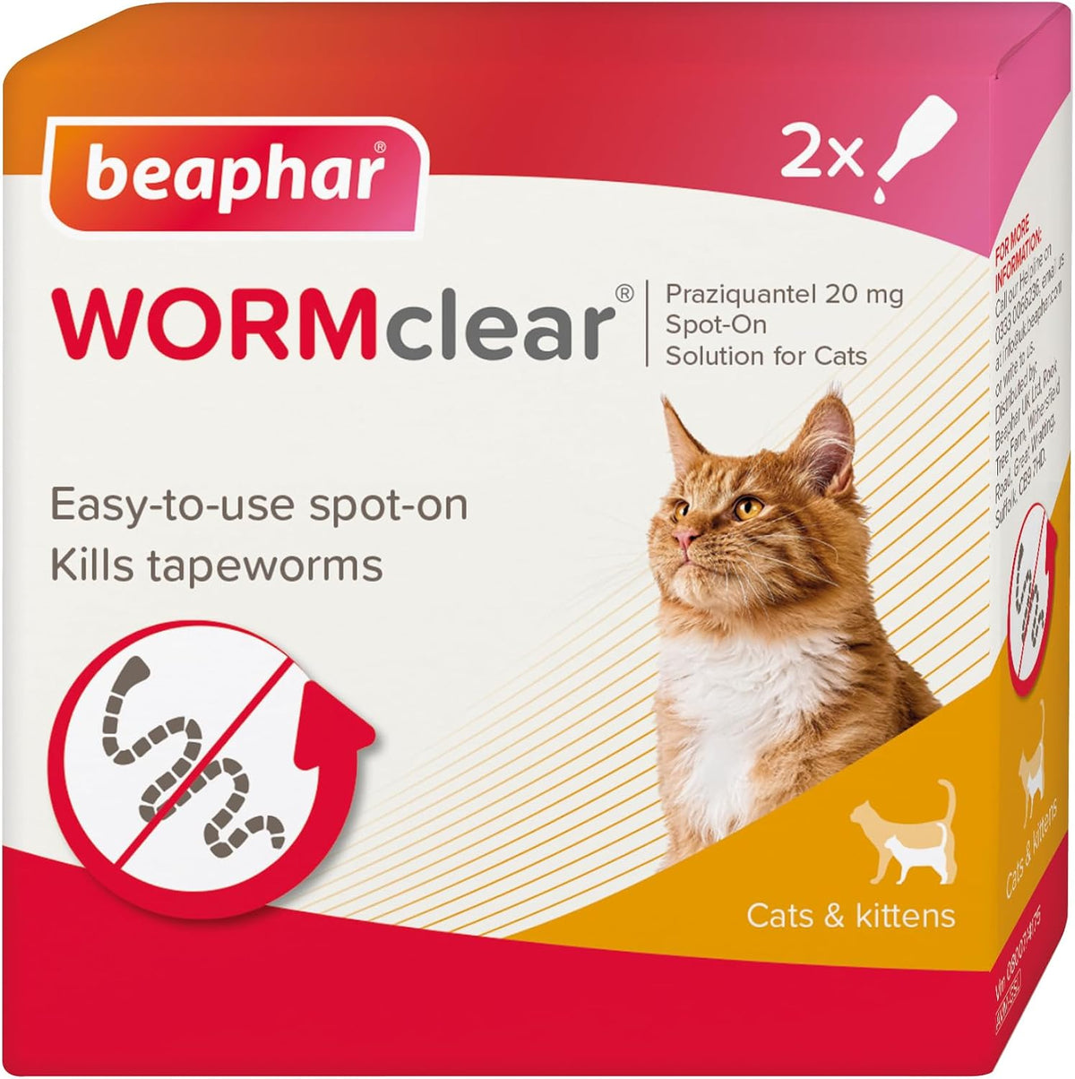 Beaphar - WORMclear® Spot-On for Cats – 2 Pipettes - Kills Tapeworms - Vet Strength Medicinal Worming Treatment - Easy-To-Use Spot-On Wormer - Suitable for Cats & Kittens Weighing More than 1kg