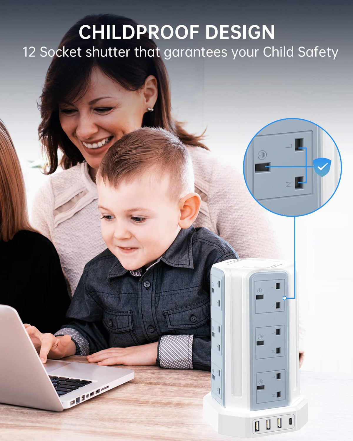 Tower Extension Lead 3M, Extension Cable with USB Ports