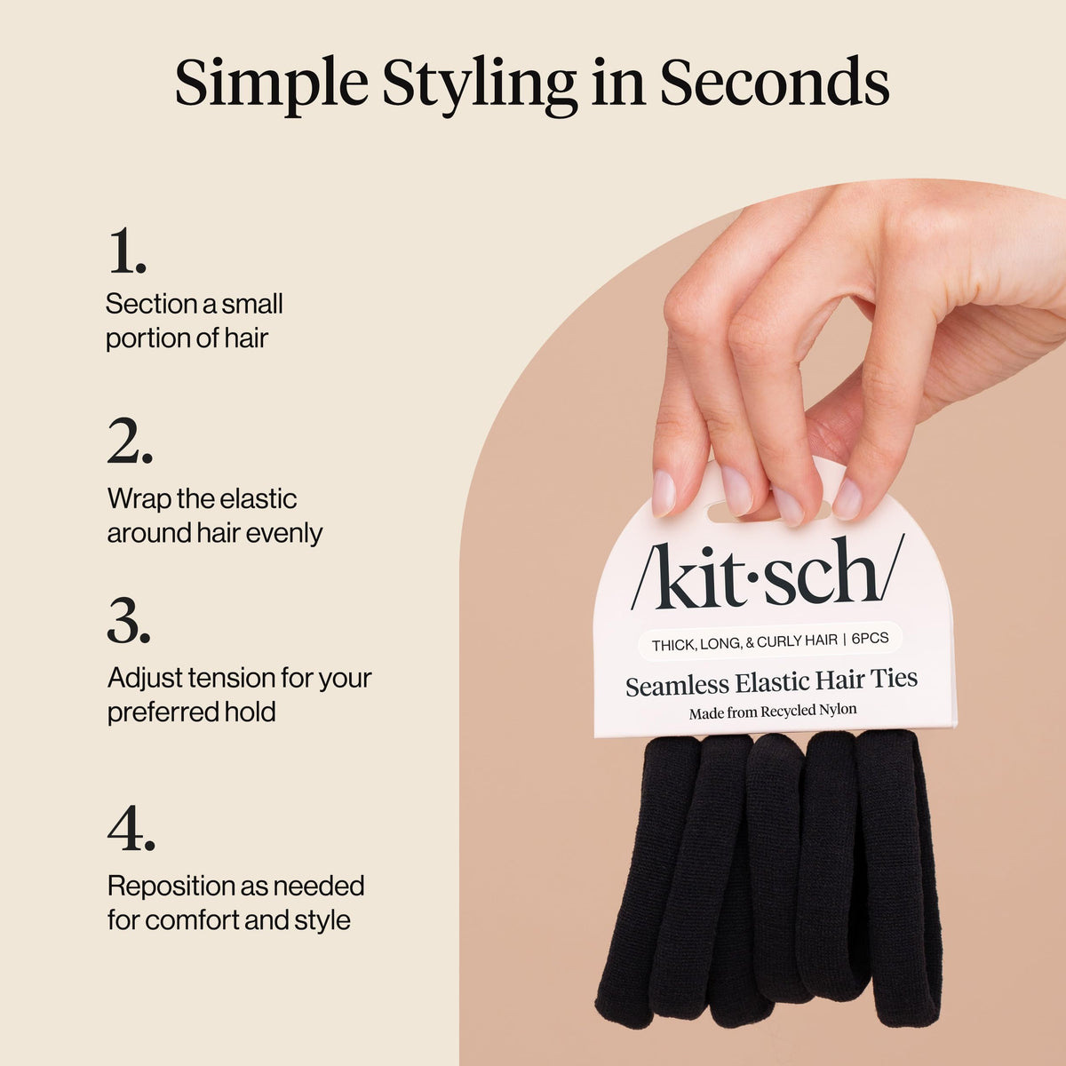 Kitsch Soft Nylon Hair Ties No Damage 6pcs - Black