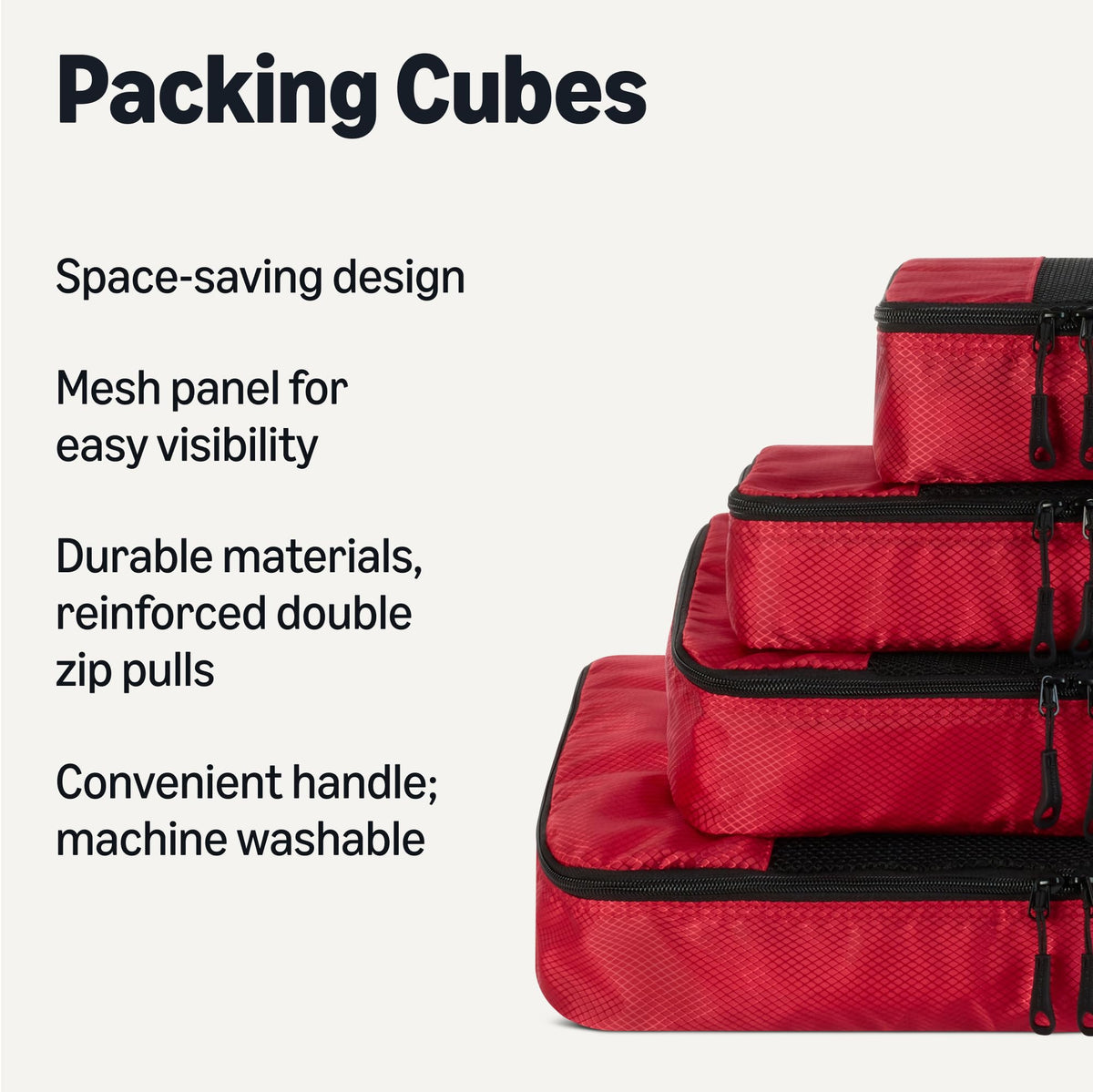 Amazon Essentials 4-Piece Packing Cubes Travel Accessories Set, Luggage Organiser with Double Zip, Mesh Top, 100% Polyester, Medium, Black (Previously Amazon Basics)
