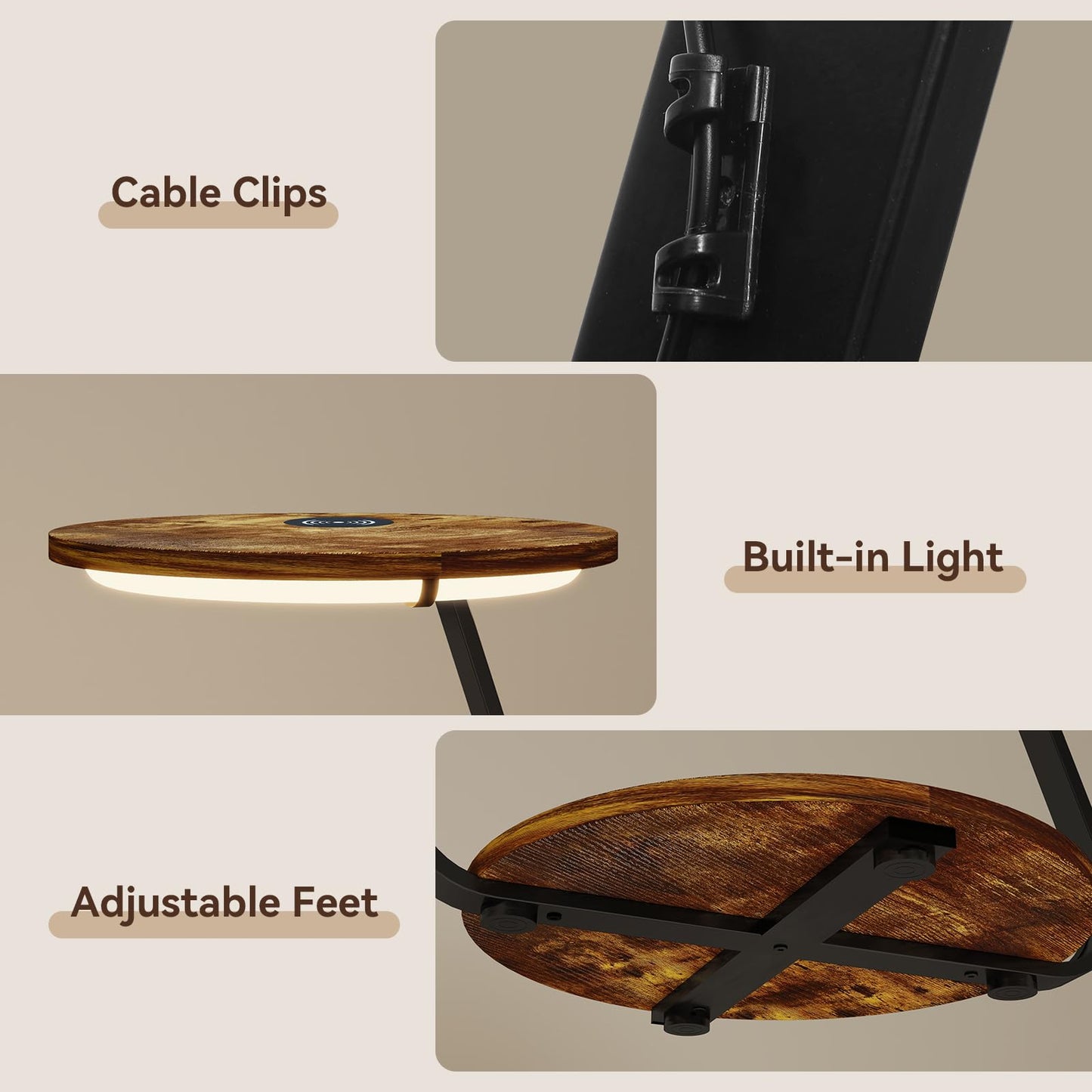 ARTETHYS Side Table, Small Round Coffee Table with 3 Color LED Lights, End Table with 3 Tier Storage Shelves, Bedside Sofa Side Tables for Living Room Bedroom, Rustic Brown