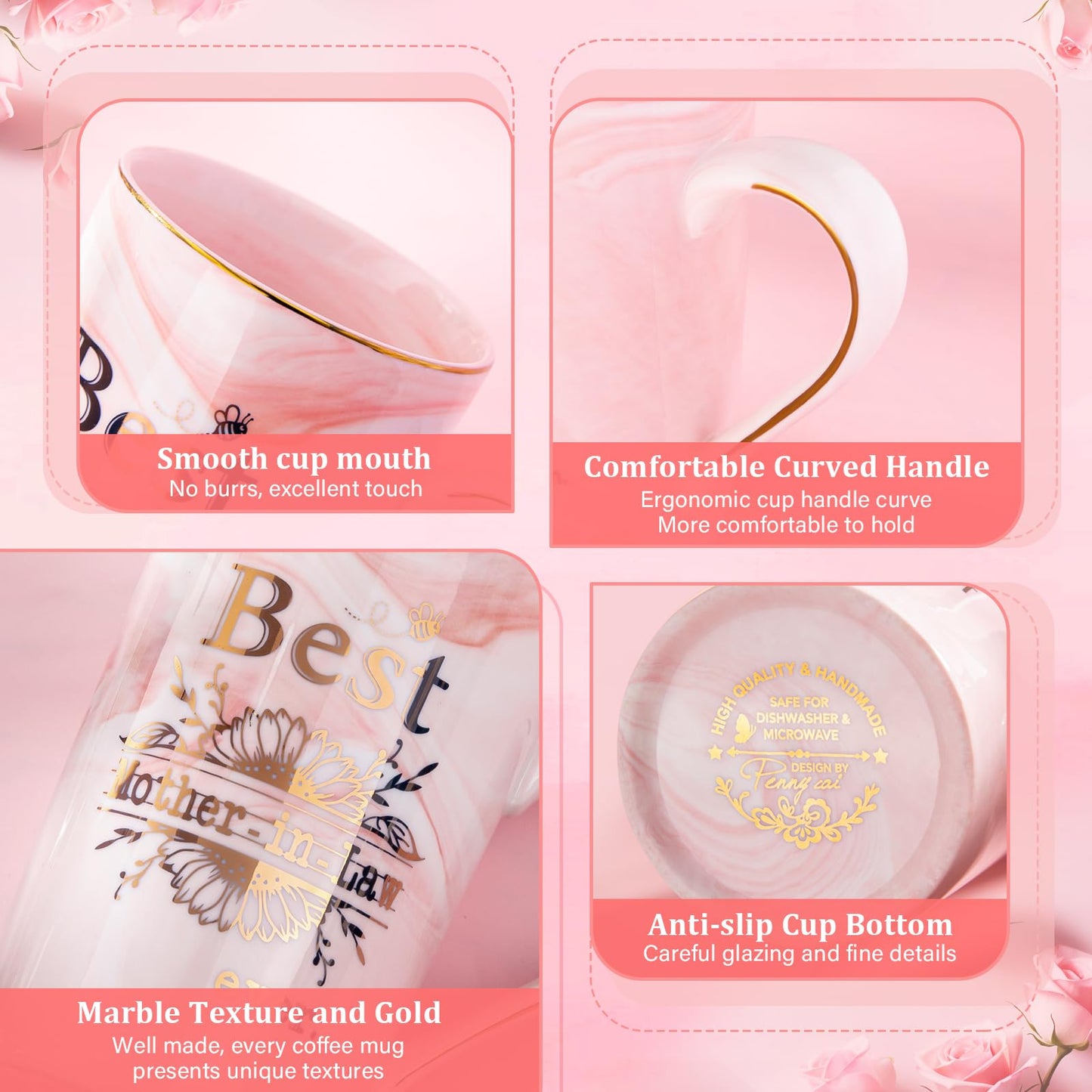 Unique Teacher Appreciation Gifts for Women - Best Teacher Gifts for Teachers, 14oz Pink Marble Ceramic Coffee Mug Printed with Gold, Retirement Birthday Graduation Ideas, End of The Year, Gift Boxed