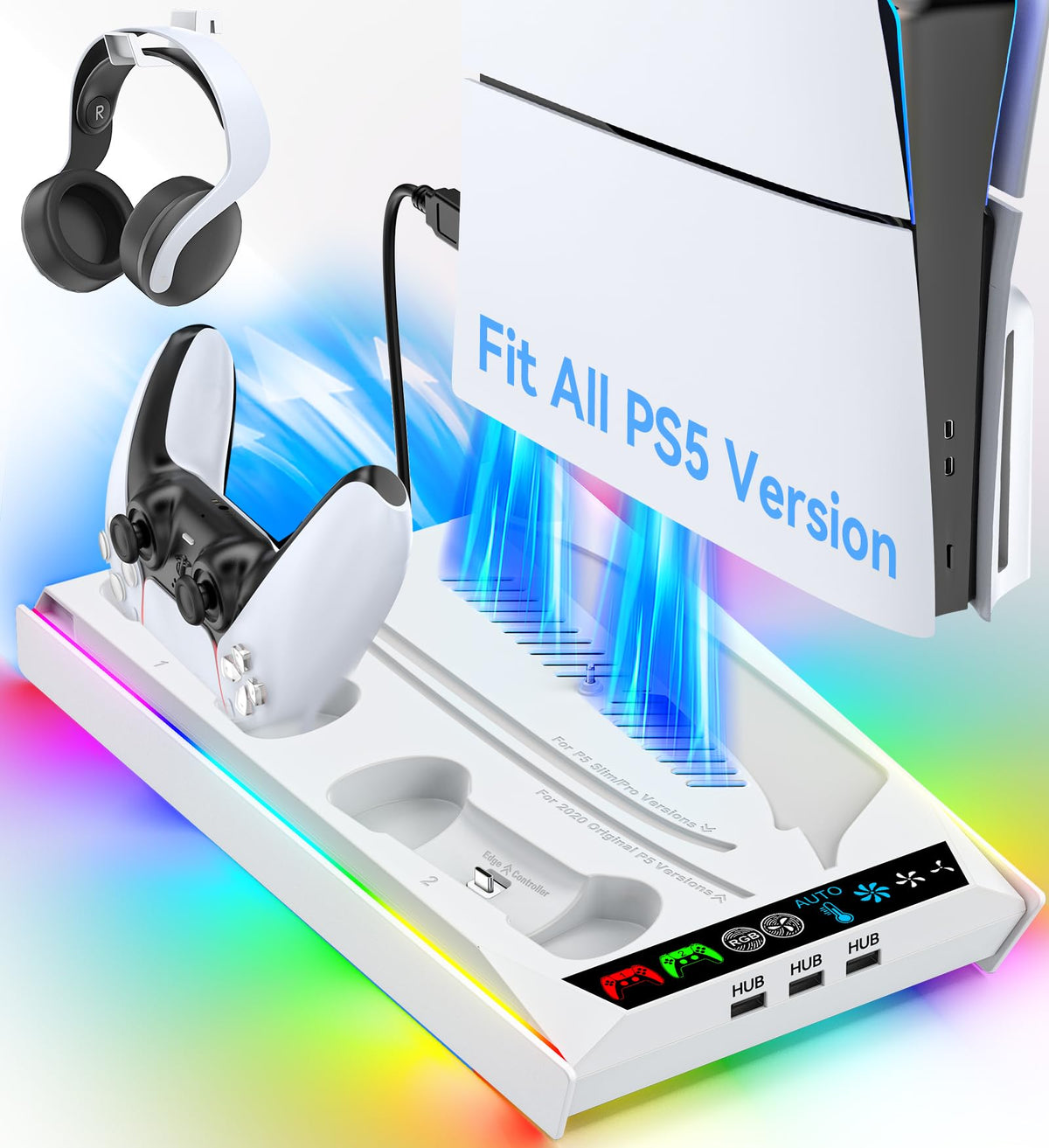 Rysker PS5/Slim/Pro Stand, PS5 Cooling Station Built-in 3-Level Cooling Fan & Fast Charger for Disc & Digital, PS 5 Accessories with Safety Screw and Headset Holder