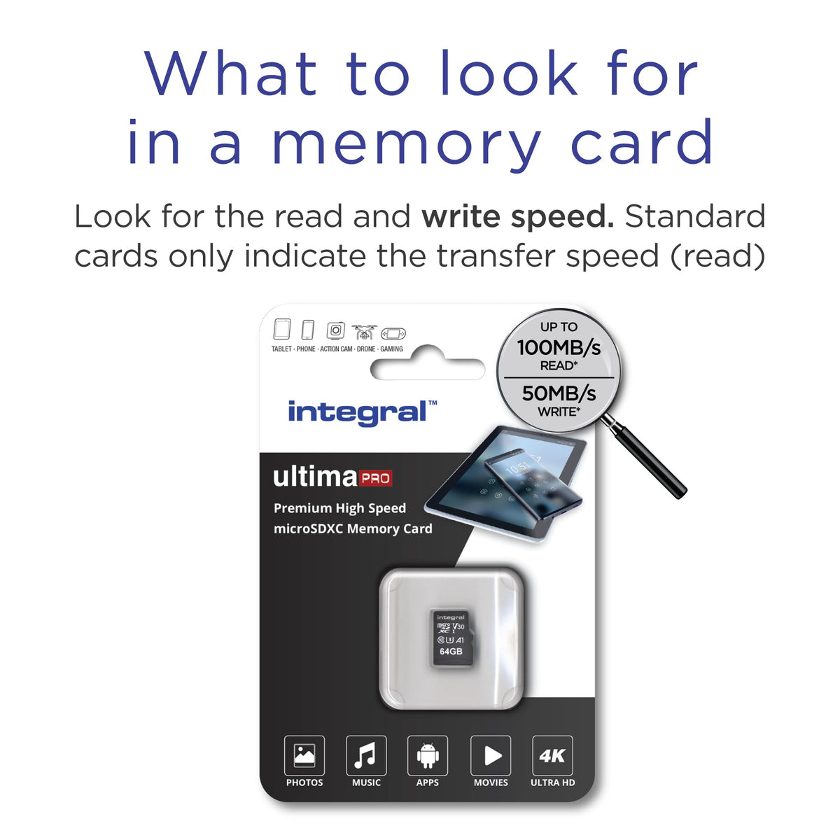 Integral 128GB microSD Card Premium High Speed 4K Video Memory Card - up to 100MB/s Read and 50MB/s Write UHS-I U3 Class 10 A1 App Performance - for Smartphones, Tablets, Drones and Game Consoles