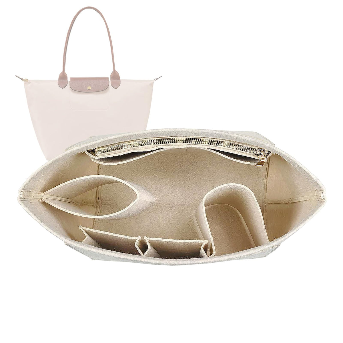 Lckaey tote bag organizer insert for Longchamp le pliage large tote insert felt purse zipper bag organizer 1028pink-S