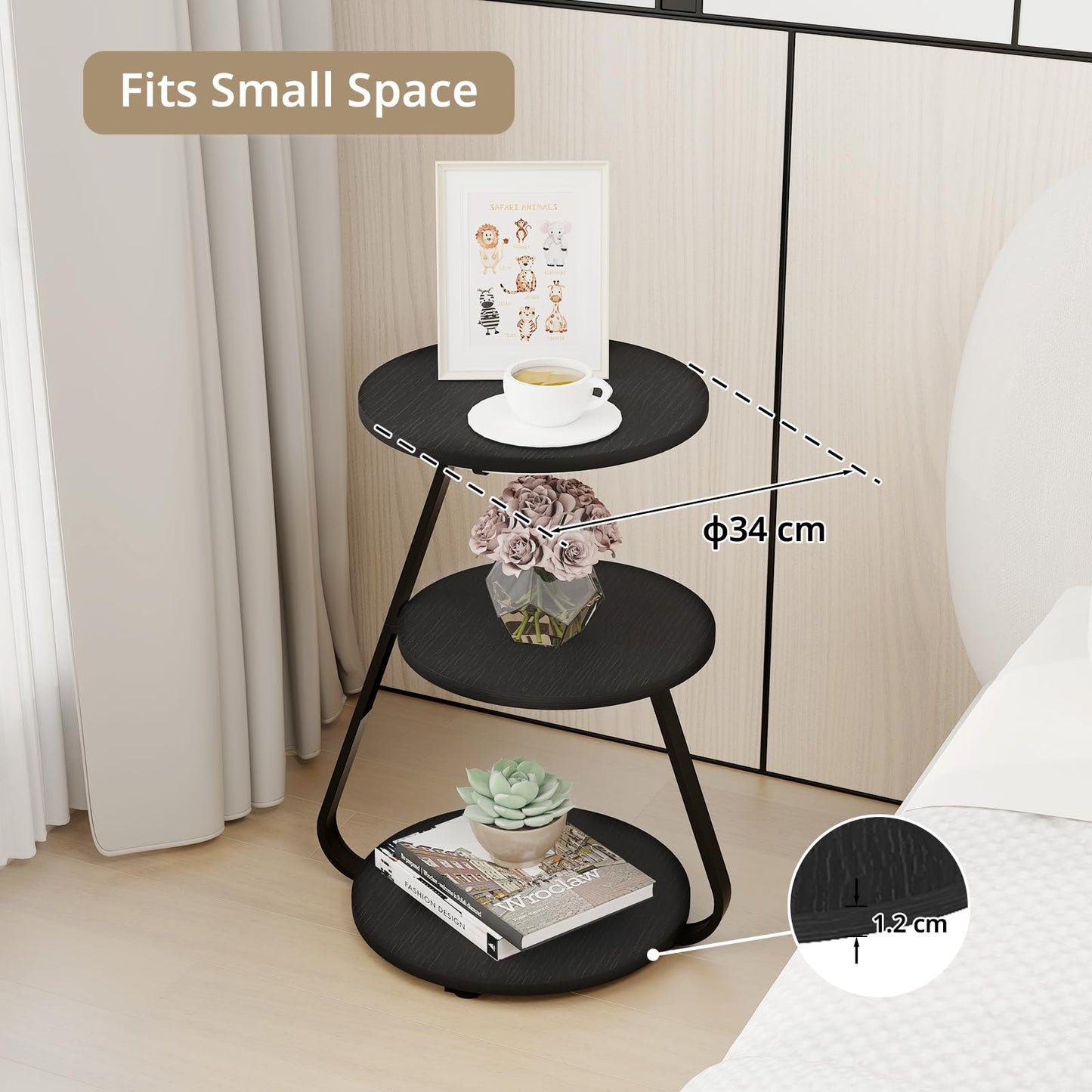 ARTETHYS Side Table, Small Round Coffee Table with 3 Color LED Lights, End Table with 3 Tier Storage Shelves, Bedside Sofa Side Tables for Living Room Bedroom, Rustic Brown