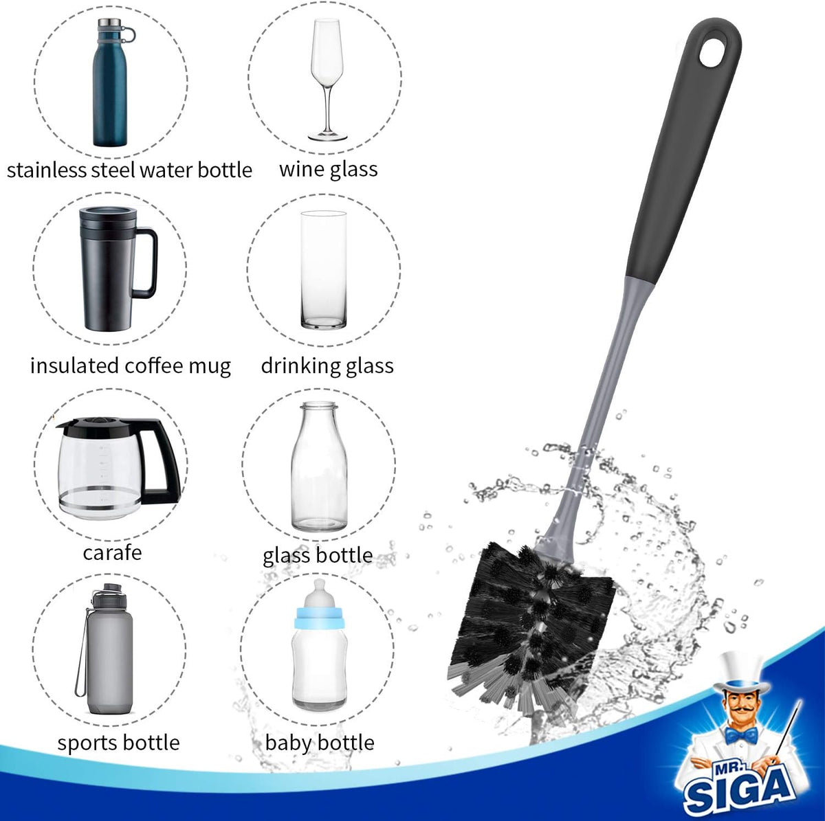 MR.SIGA Long Handle Bottle Brush, Non-Scratch Water Bottle Brush Cleaner