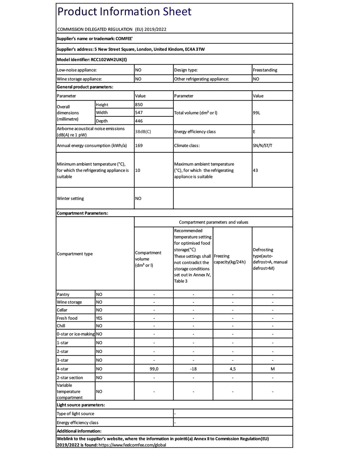COMFEE' 99L Chest Freezer, Convertible Refrigeration Mode, RCC102BL2UK(E)