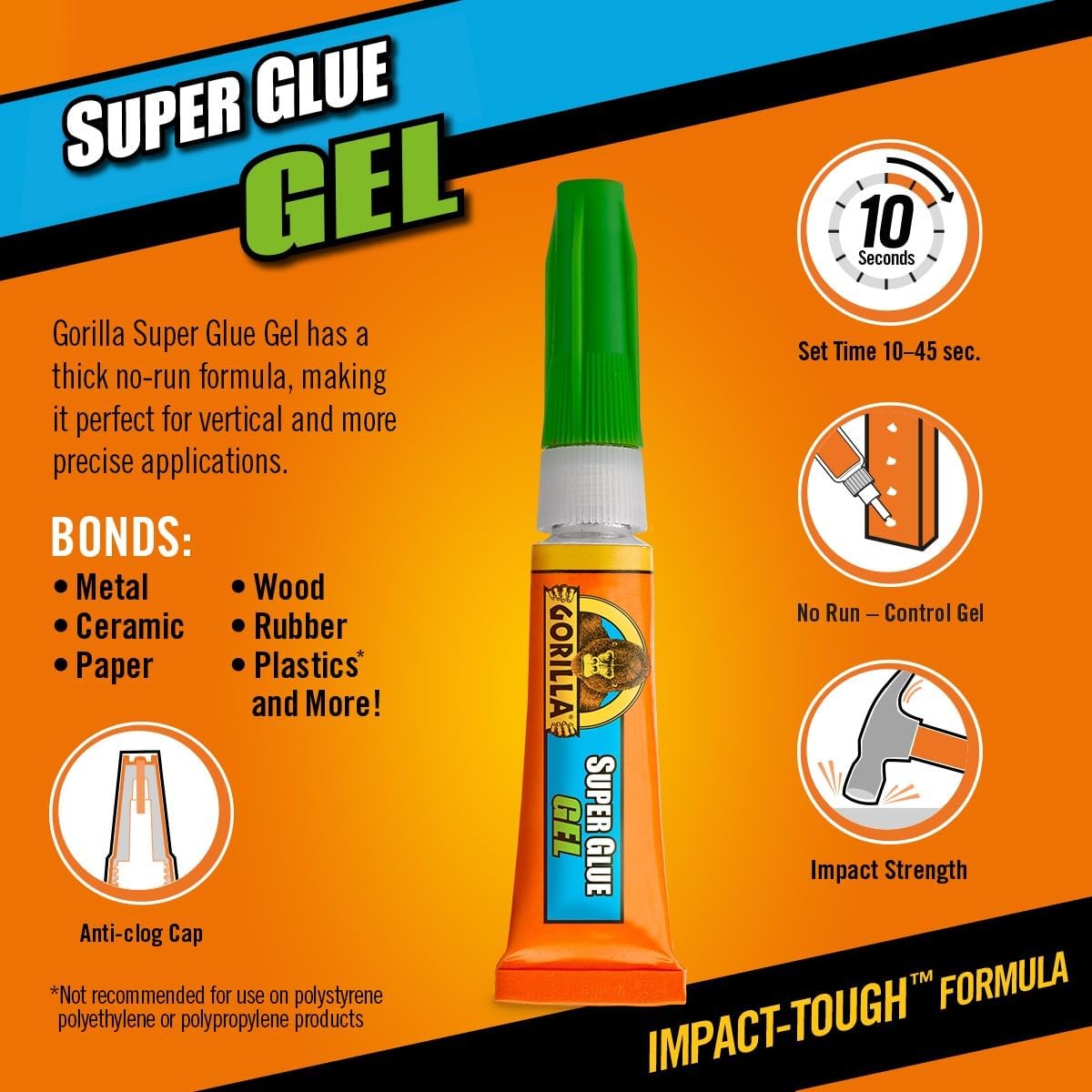 Gorilla Super Glue Gel, 3g (2 Pack) , All Purpose, Fast Setting, No Run Formula with Anti Clog Cap, Ideal for Metal, Ceramics, Leather & More