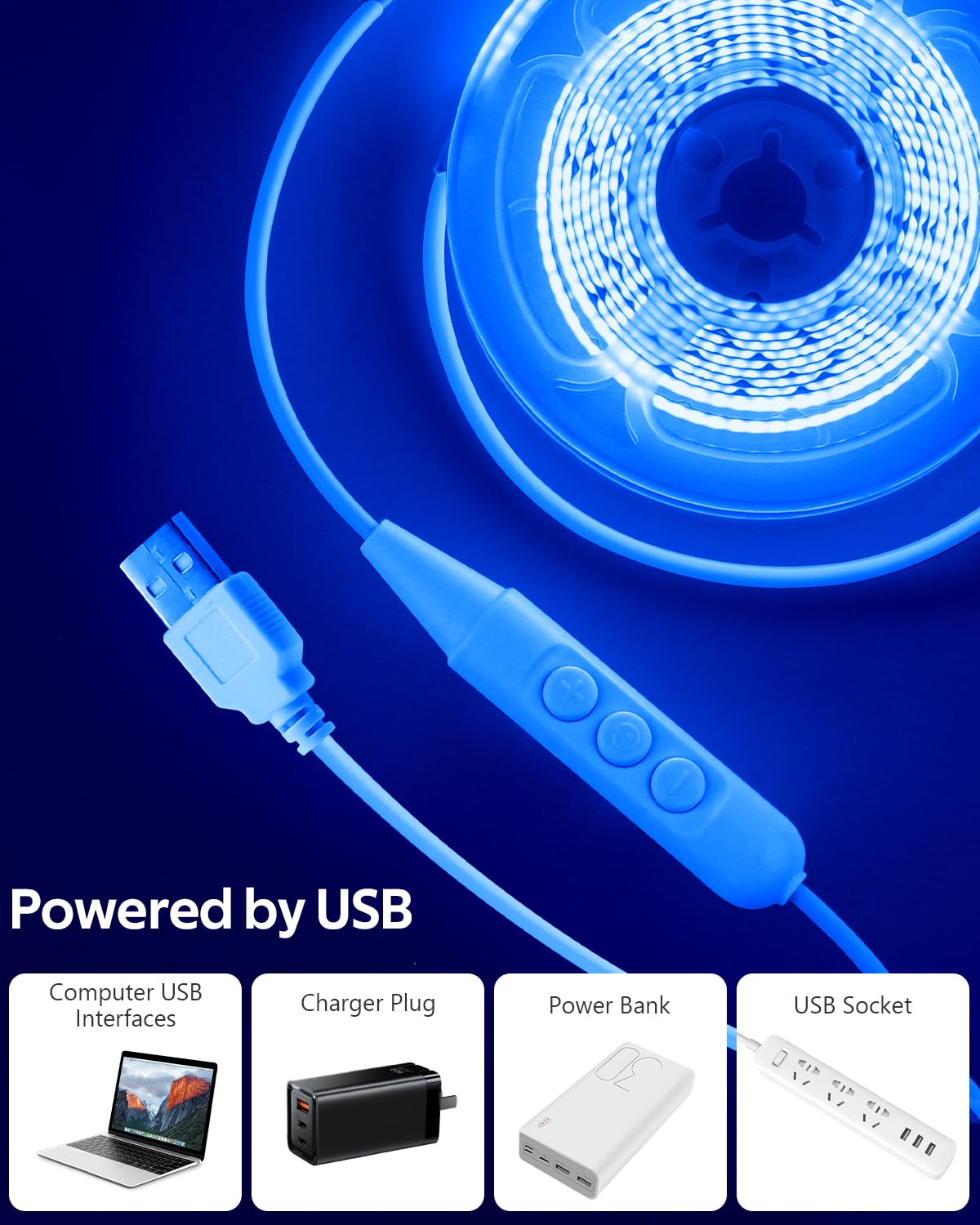 Aclorol 3M COB LED Strip Light Warm White 3000K 5V USB Flexible LED Light Strip 8mm Width Dimmable CRI85+ Dotless Tape Light High Density 320LEDs/M for Bedroom Kitchen Under Cabinet Home Decor