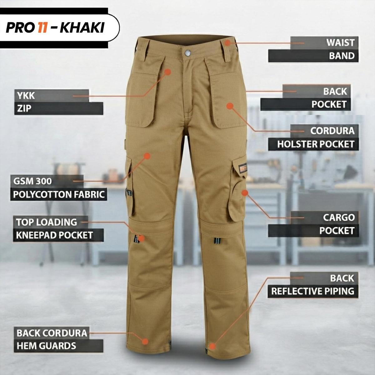 WrightFits Men Pro-11 Work Trousers Black - Heavy Duty Safety Combat Cargo Pant - Multi Pockets & Knee Pad Pockets - Triple Stitched -Durable Work wear (28W-48W)