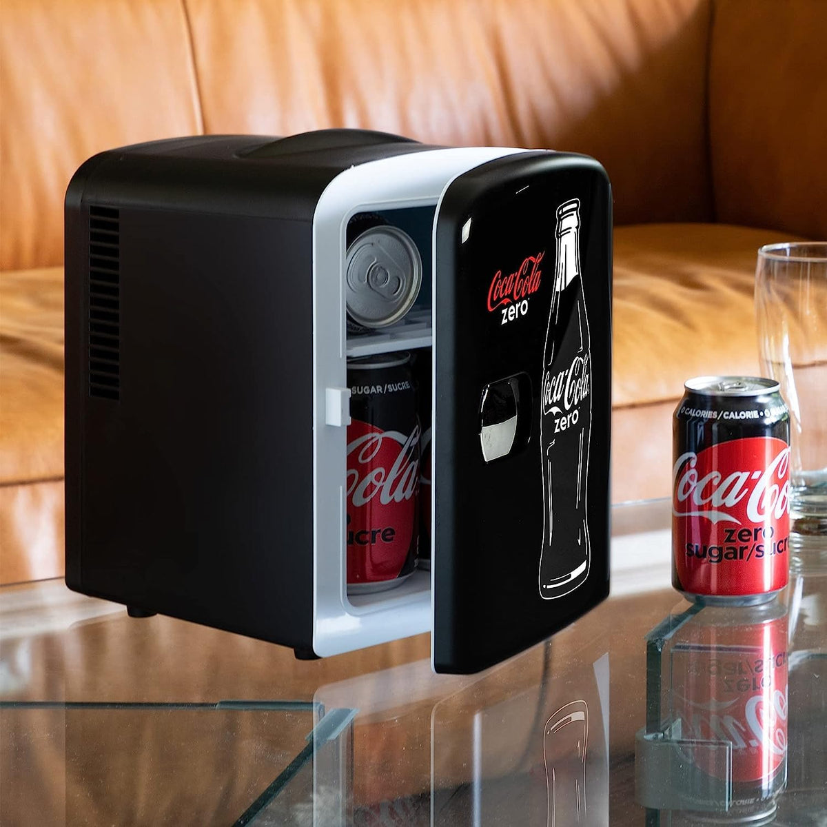 Coca Cola Coke Zero Mini Fridge For Bedrooms 4L Small 6 Can Table Top Quiet Mini Fridges For Skincare Office Food Drinks Kids Home Car & Travel 12V Portable Cooler Warmer Refrigerator (Black)