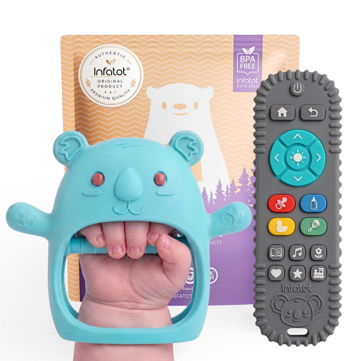 Infatot® Teething Toys for Baby Gifts – Chipmunk Silicone Mitten Teether, Soothing Glove for Infants, Baby Toys 0-6 Months, Soft Chewable Teether Toy to Prevent Finger Sucking, CM Blue.