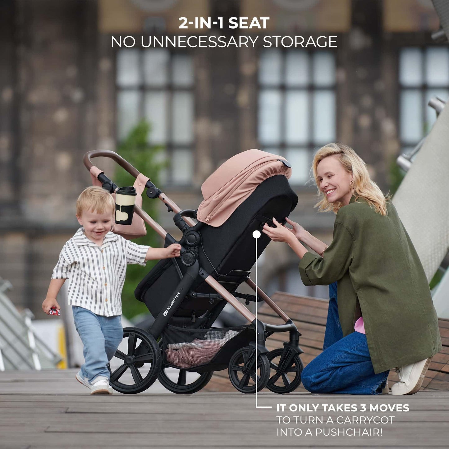 Kinderkraft MOOV 2 AIR 4 in 1 Set, Pram with Infant Car Seat with Isofix Base Mink PRO I-Size, Travel System, Baby Pushchair, Buggy, Foldable, from Birth to 22 kg, Inflatable Wheels, Gray